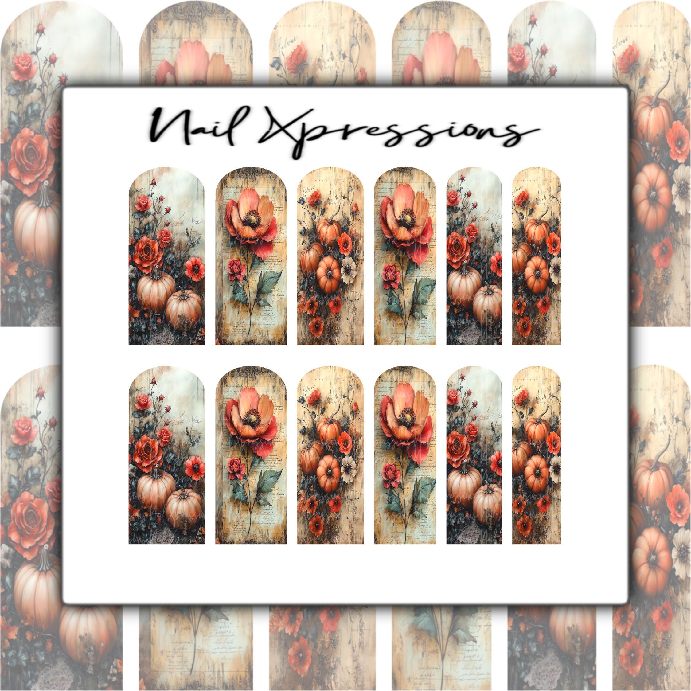 Rustic Fall Leaves & Flower Nail Wraps | Seasonal Nail Art | Water Transfer Nail Wrap | Custom Nail Wraps