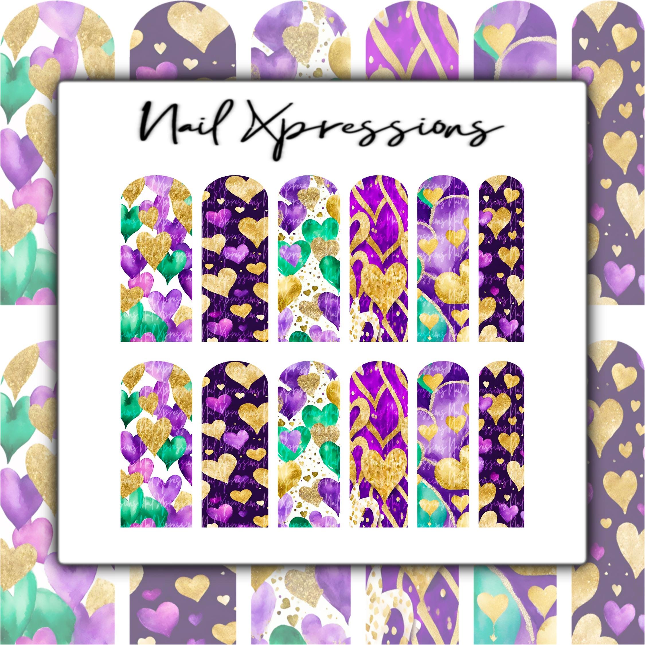 Mardi Gras Hearts Mix Nail Wraps | Abstract Nail Wrap | Water Transfer Nail Wrap | Custom Nail Wraps