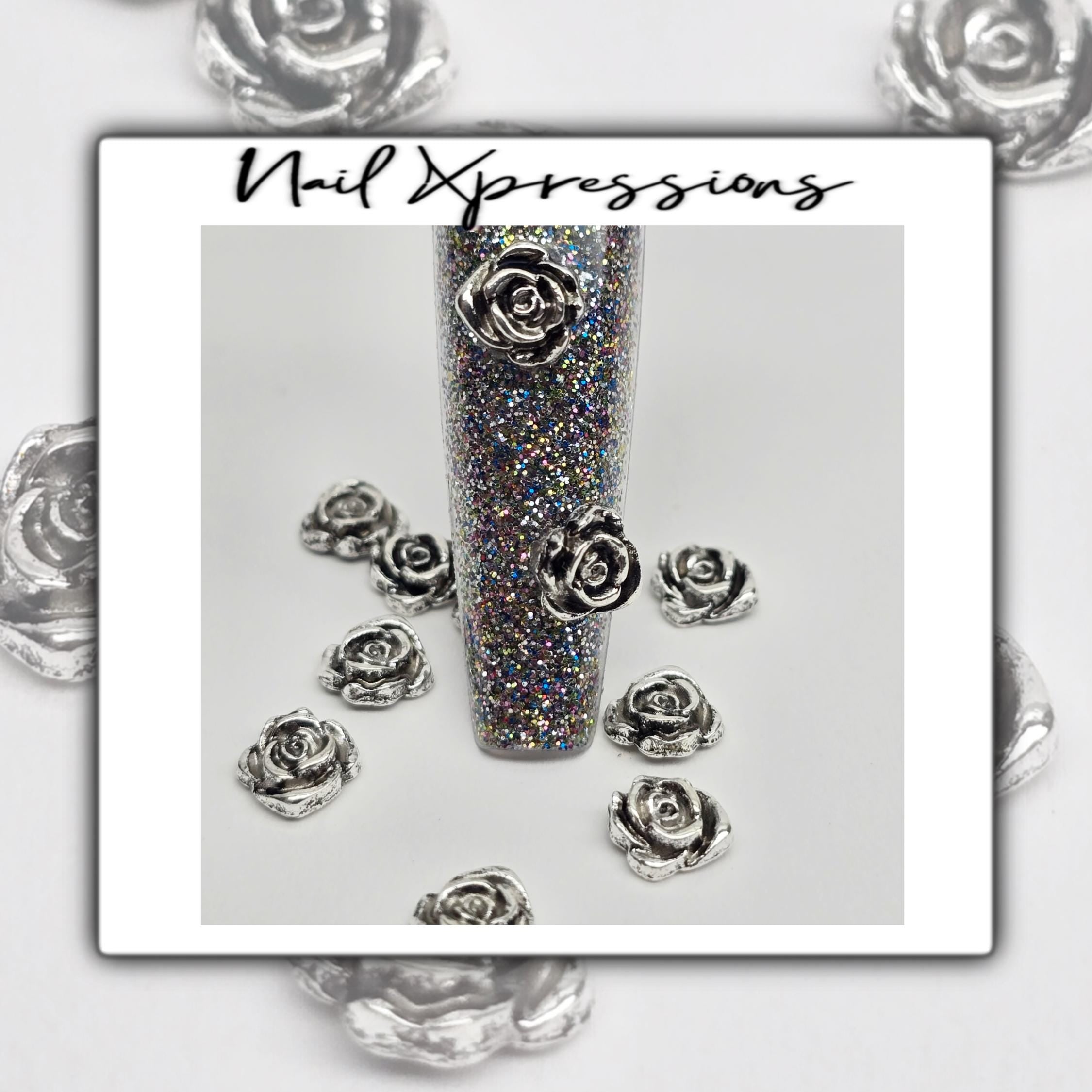 Vintage Silver Rose Nail Charms