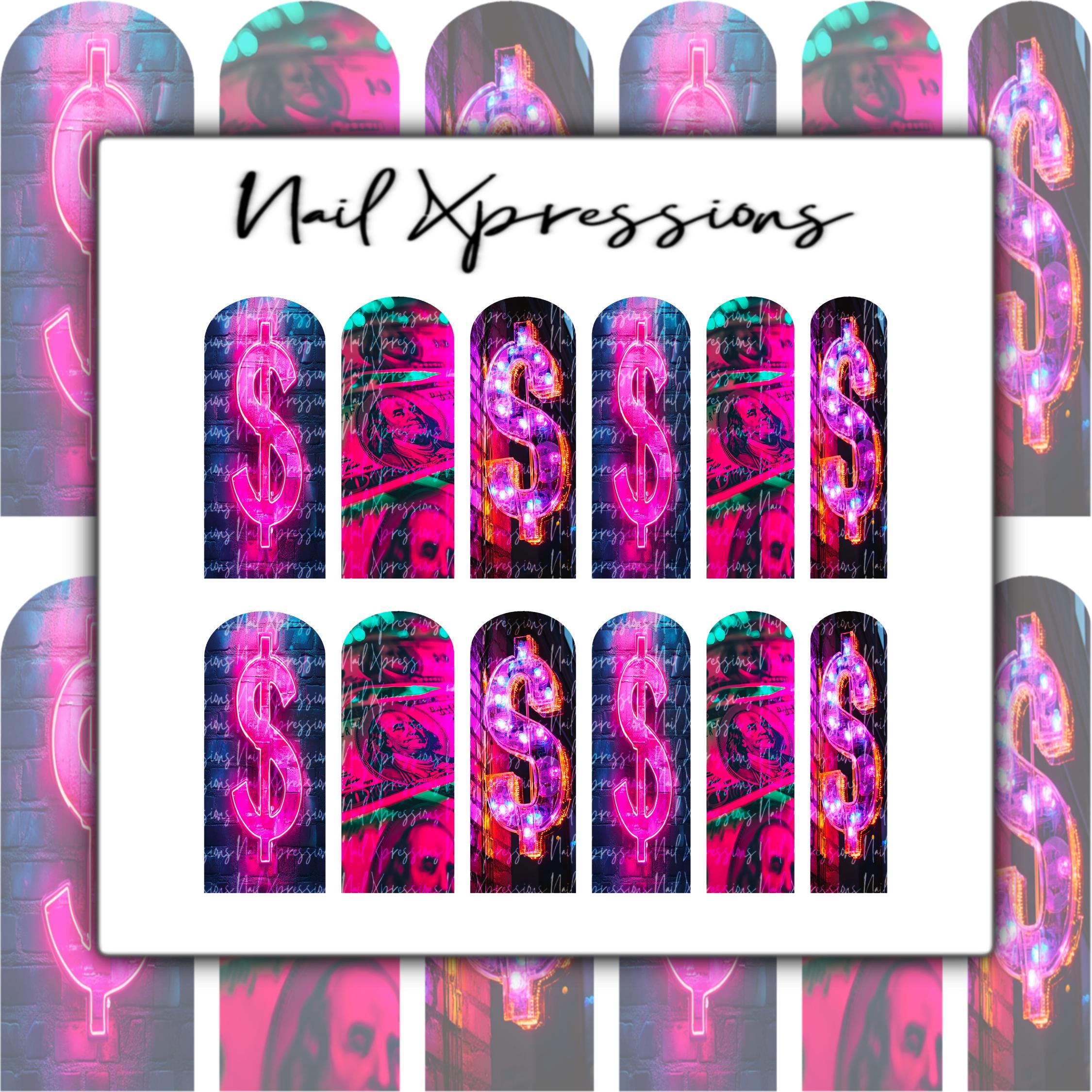 Pink Neon Money Nail Decals | Nail Art Water Transfer | Nail Wraps