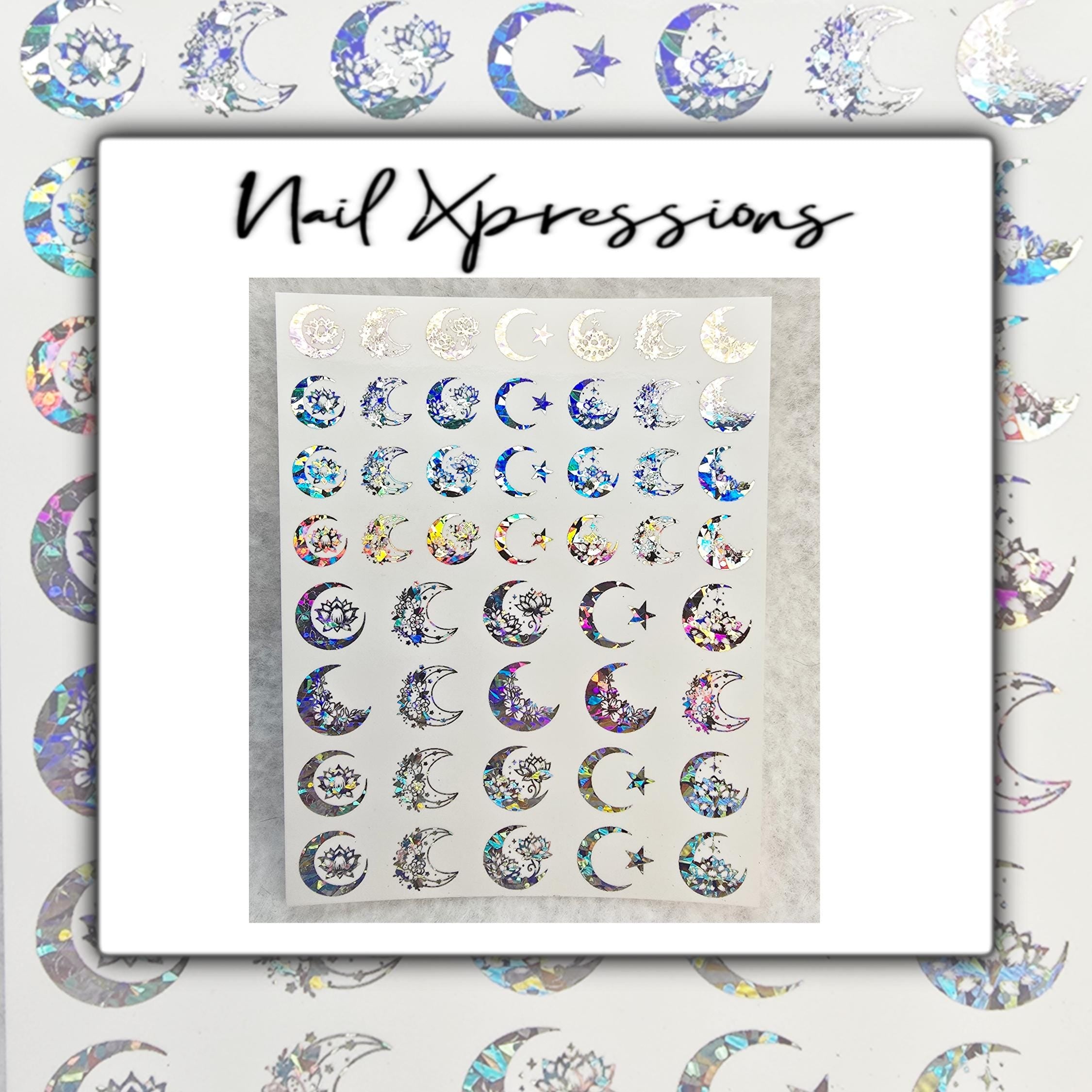 Foil Crescent Floral Moon Nail Art | Foiled Nail Water Decals | Multiple Color Options | Holographic Nail Art | Holographic Nail decals |