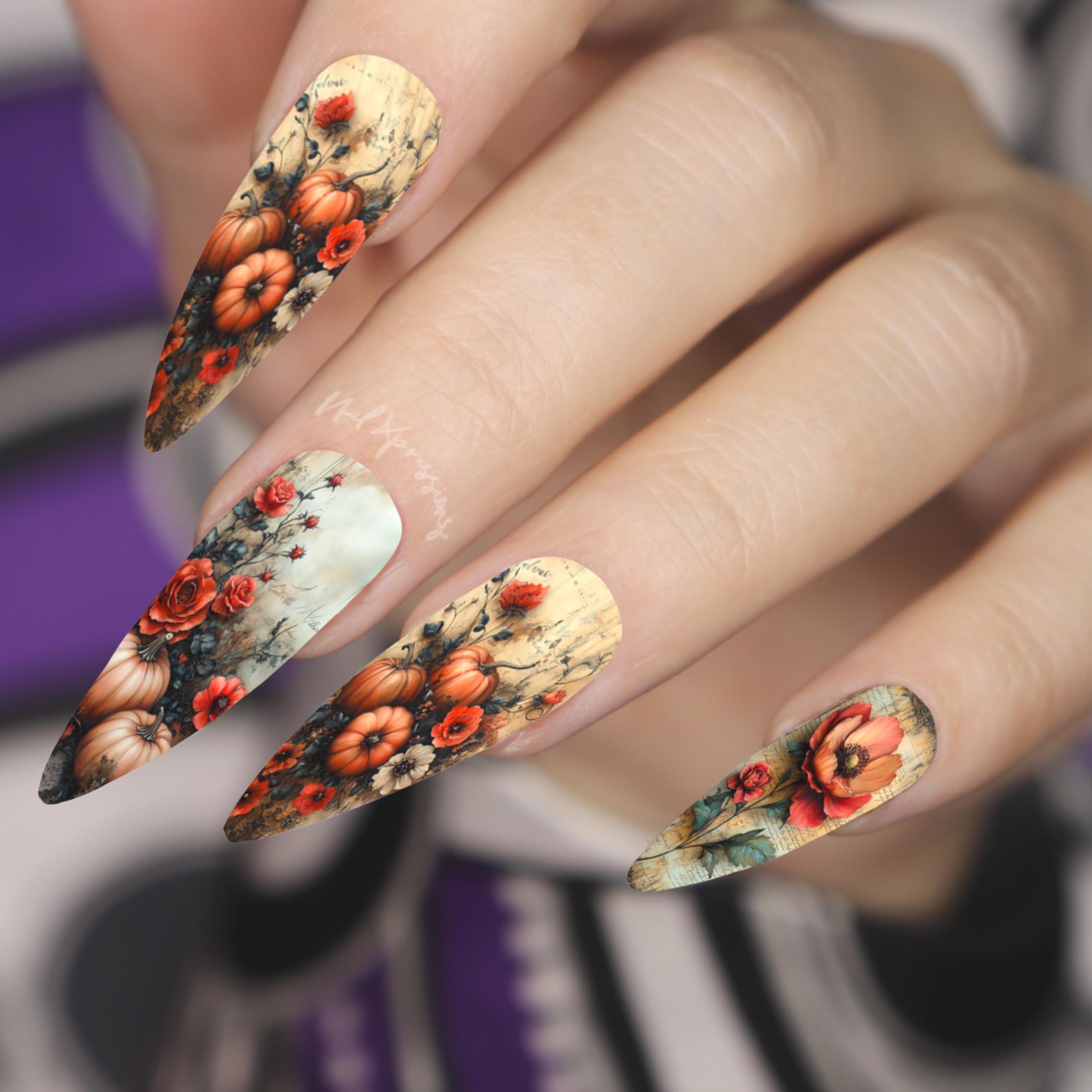 Rustic Fall Leaves & Flower Nail Wraps | Seasonal Nail Art | Water Transfer Nail Wrap | Custom Nail Wraps