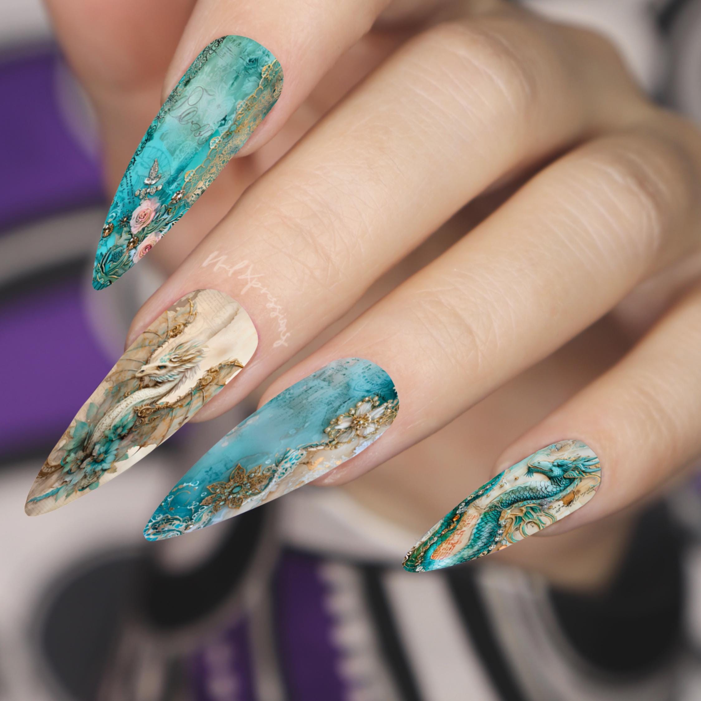 Vintage Victorian Dragon Nail Wraps | Nail Art Wrap | Water Transfer Nail Wrap | Custom Nail Wraps