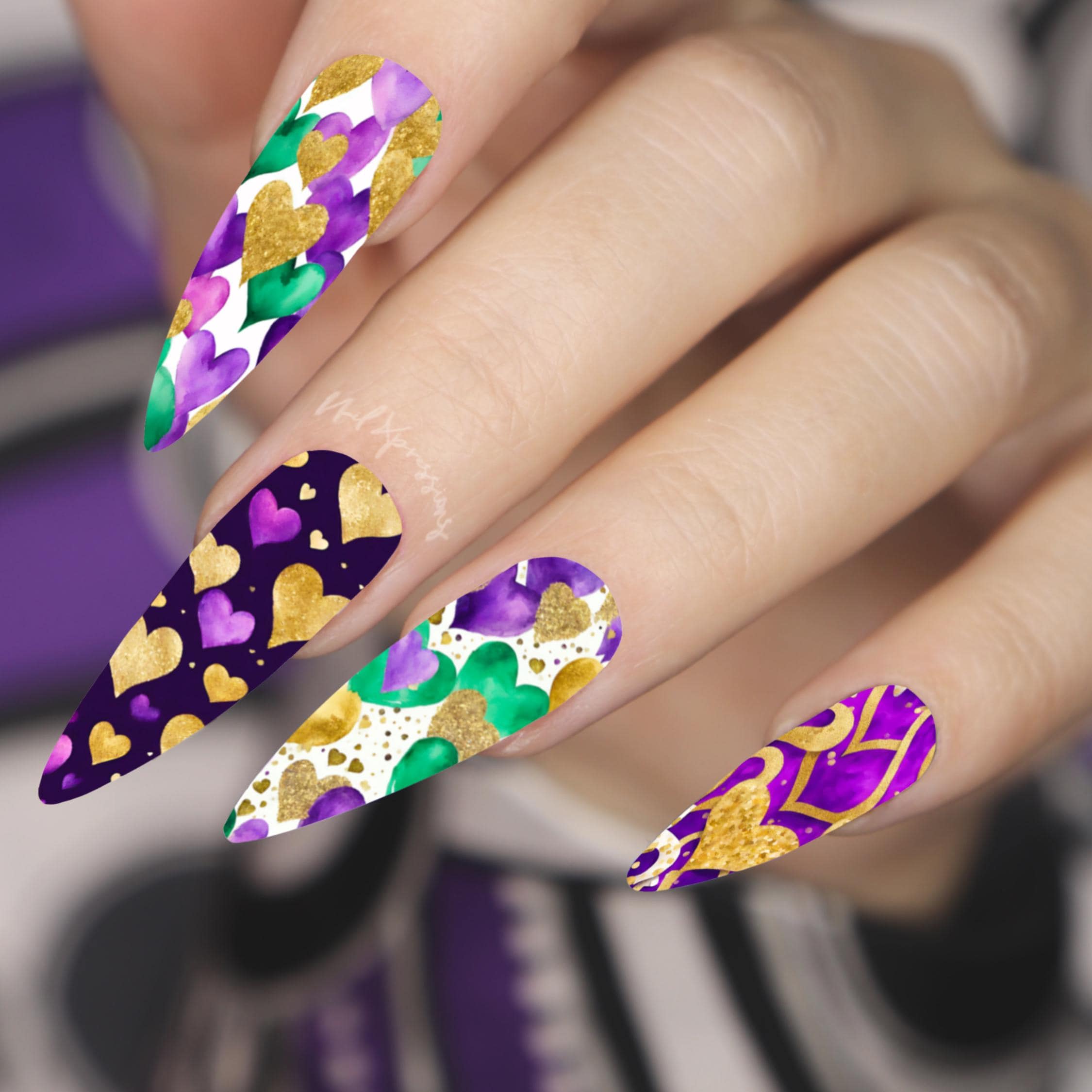 Mardi Gras Hearts Mix Nail Wraps | Abstract Nail Wrap | Water Transfer Nail Wrap | Custom Nail Wraps