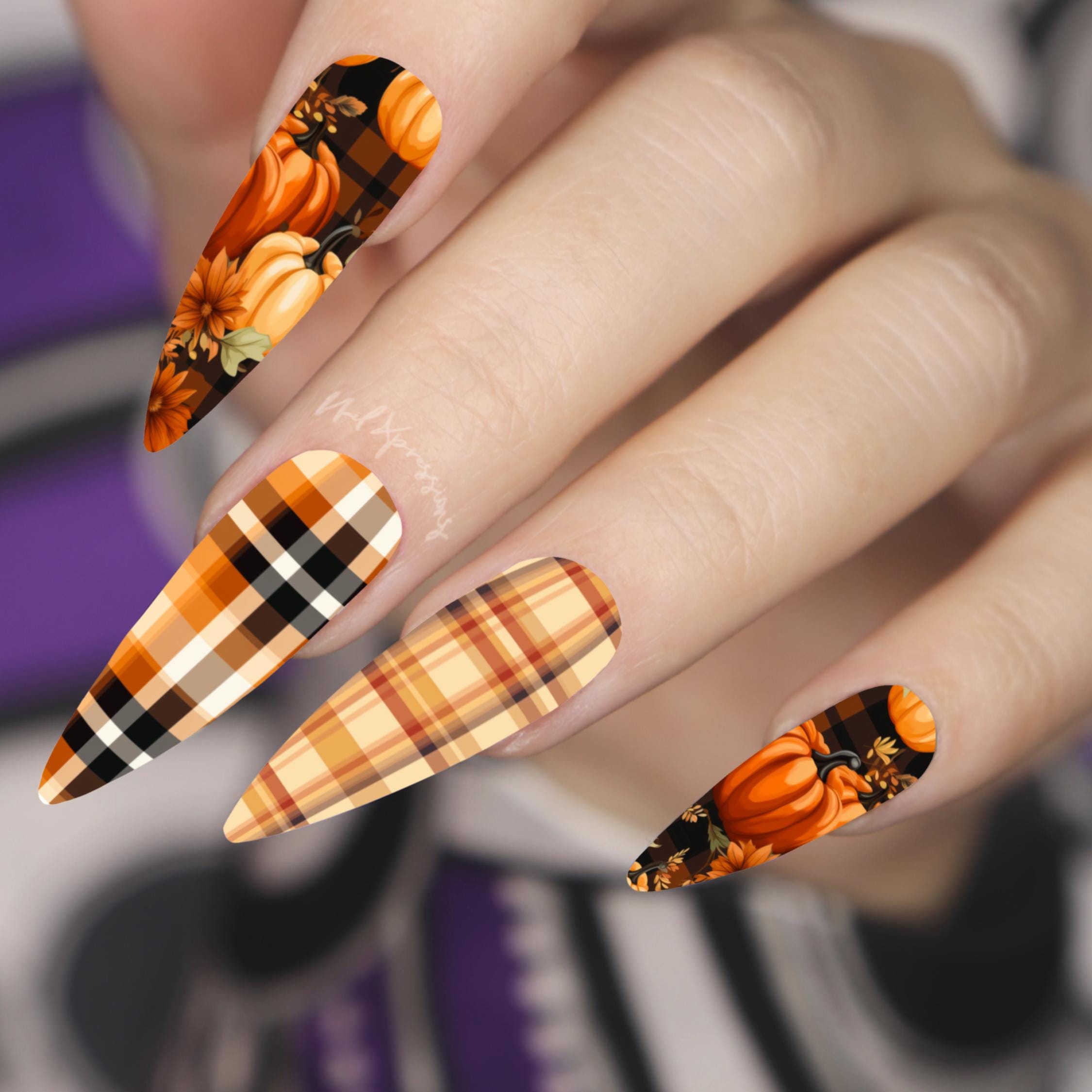 Fall Autumn Plaid &Pumpkins Nail Wraps | Seasonal Nail Art | Water Transfer Nail Wrap | Custom Nail Wraps