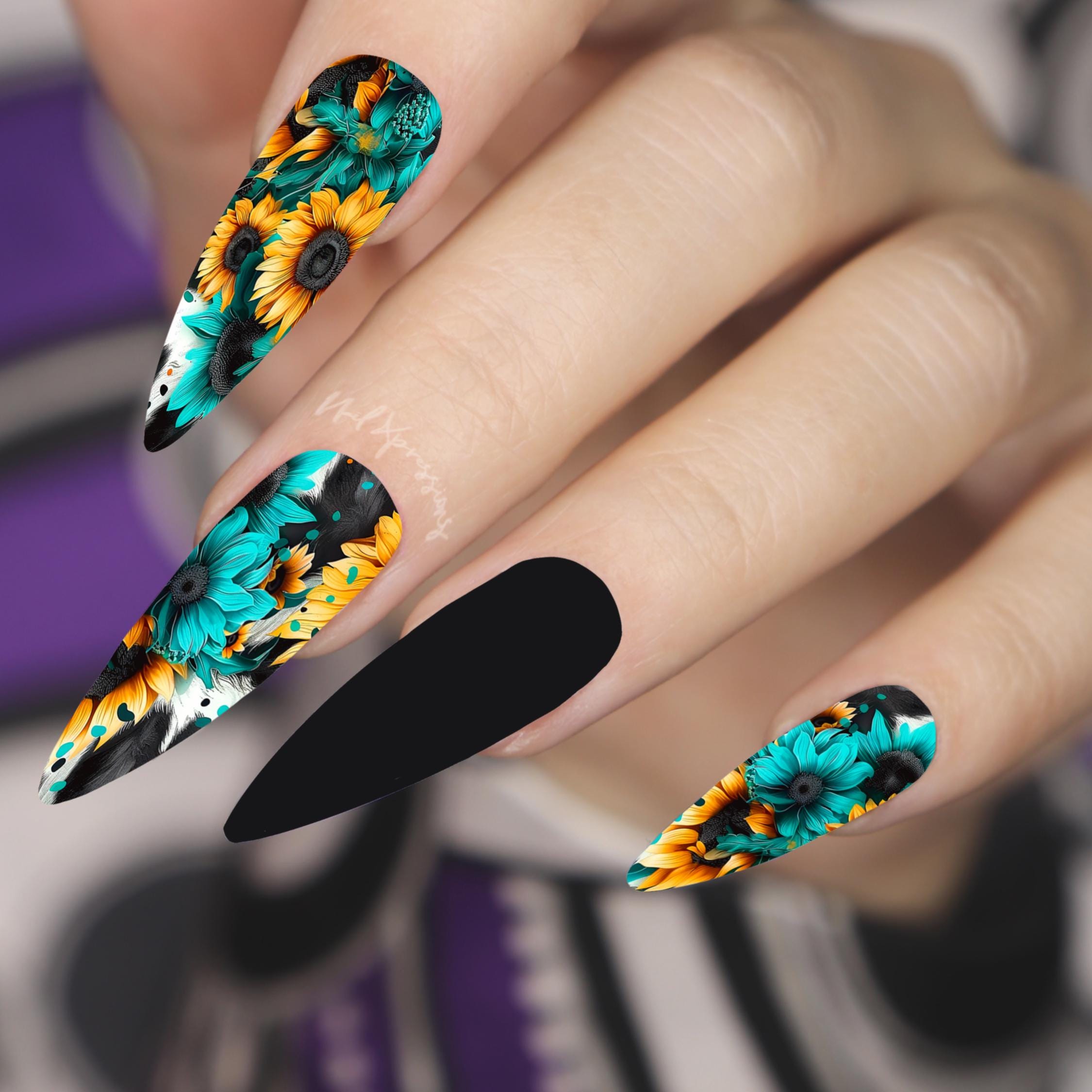Turquoise Sunflower Cow Print Nail Wraps | Nail Art Wrap | Water Transfer Nail Wrap | Custom Nail Wraps