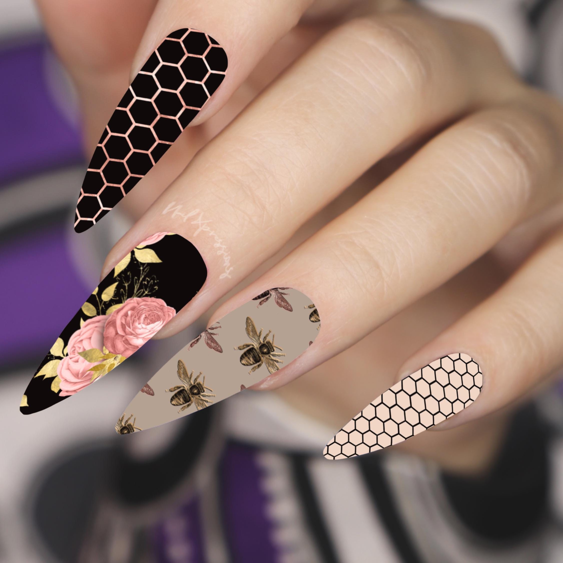 Pink Honeycomb Bee Mix Nail Wraps | Nail Art Wrap | Water Transfer Nail Wrap | Custom Nail Wraps