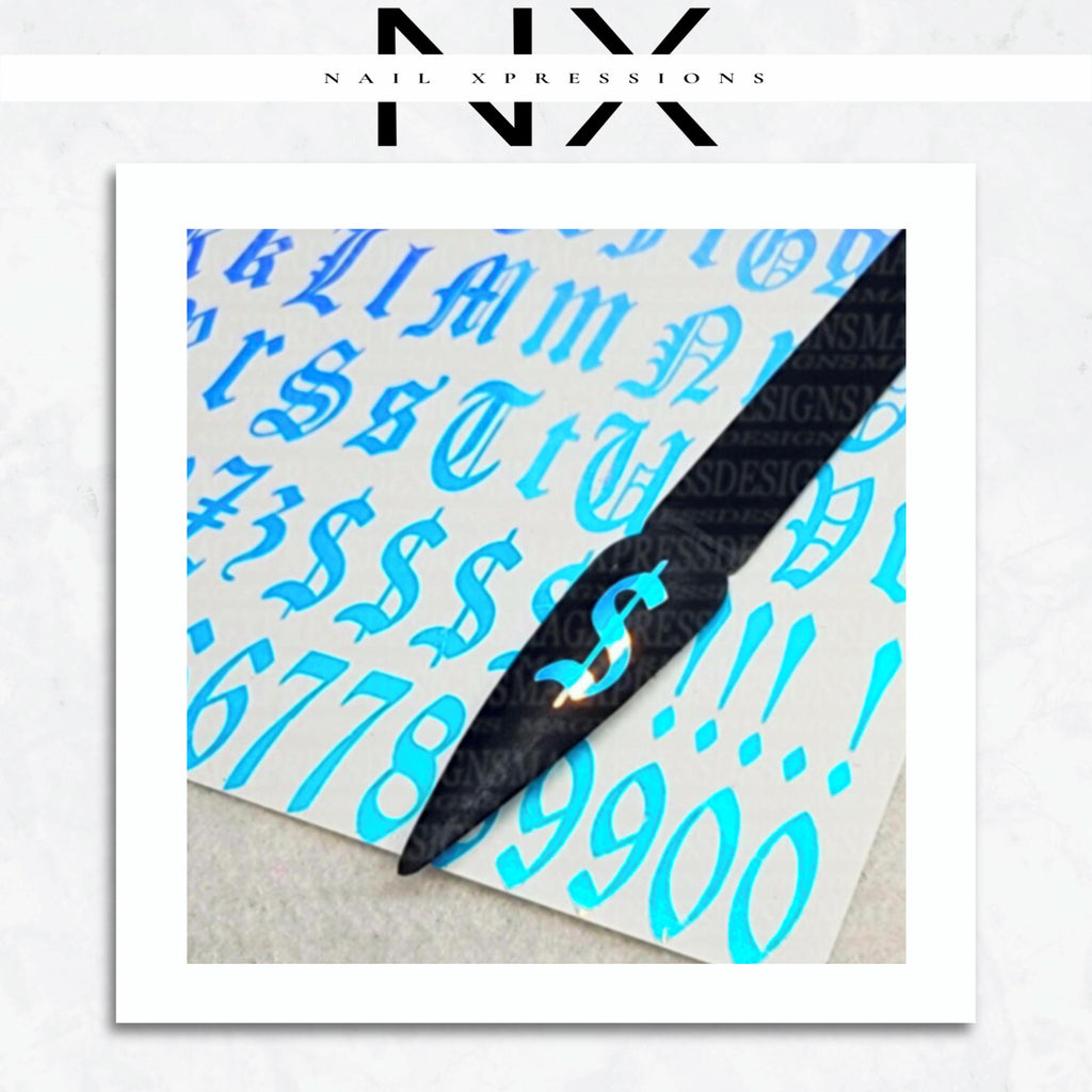 Holographic Old English Letters & Numbers | Nail Art Stickers