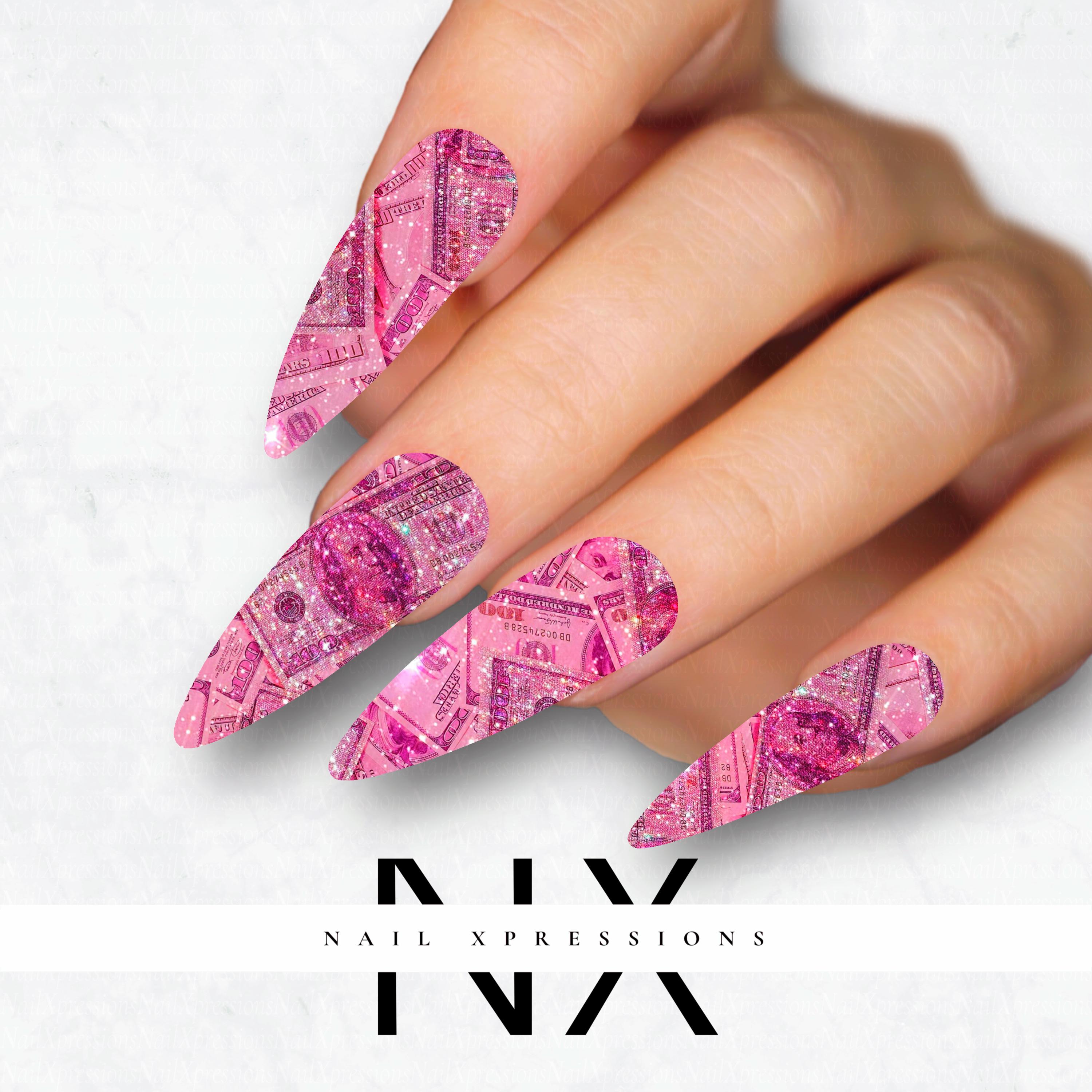 Pink Glitter Hundreds Nail Decals | Nail Art Water Transfer | Nail Wraps