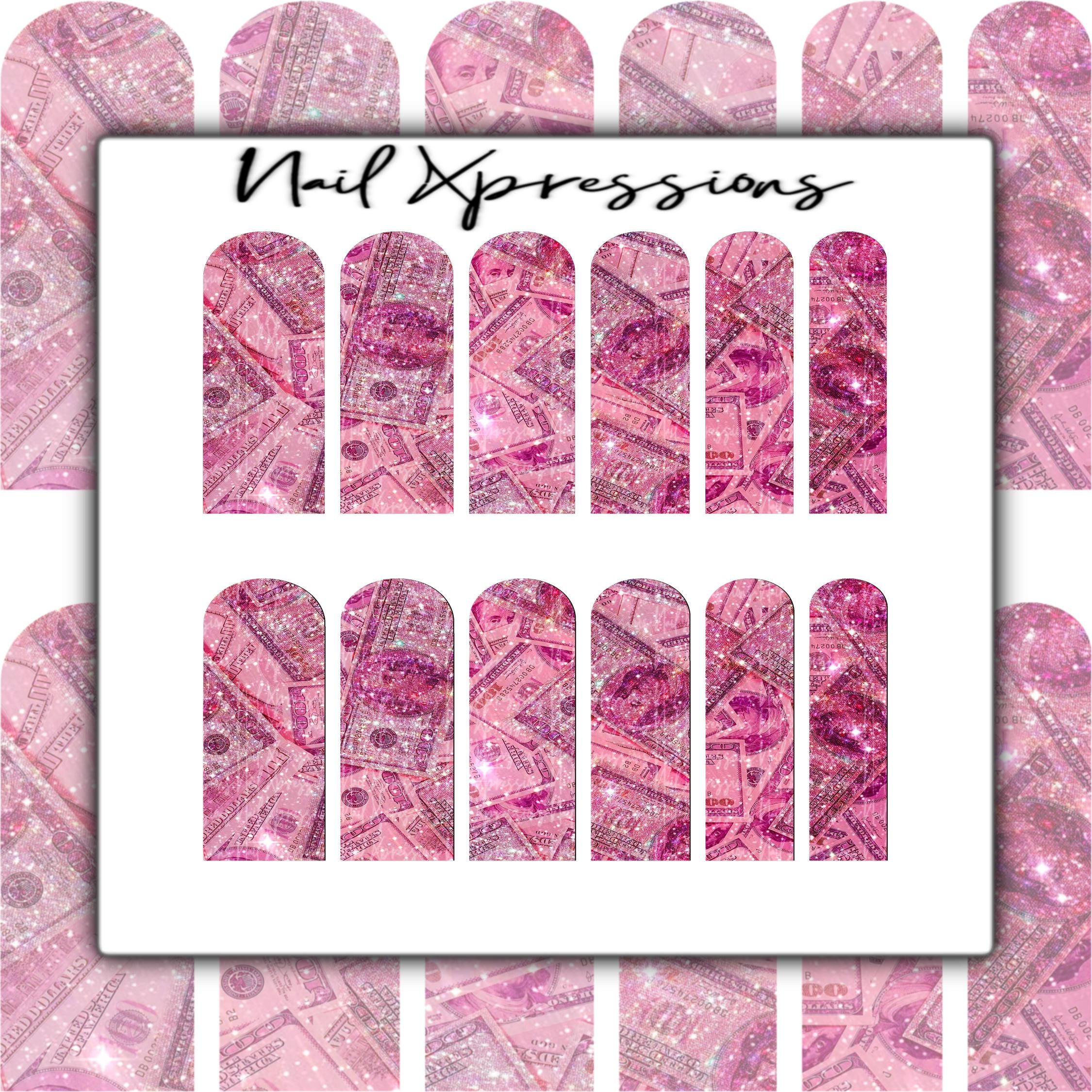 Pink Glitter Hundreds Nail Decals | Nail Art Water Transfer | Nail Wraps