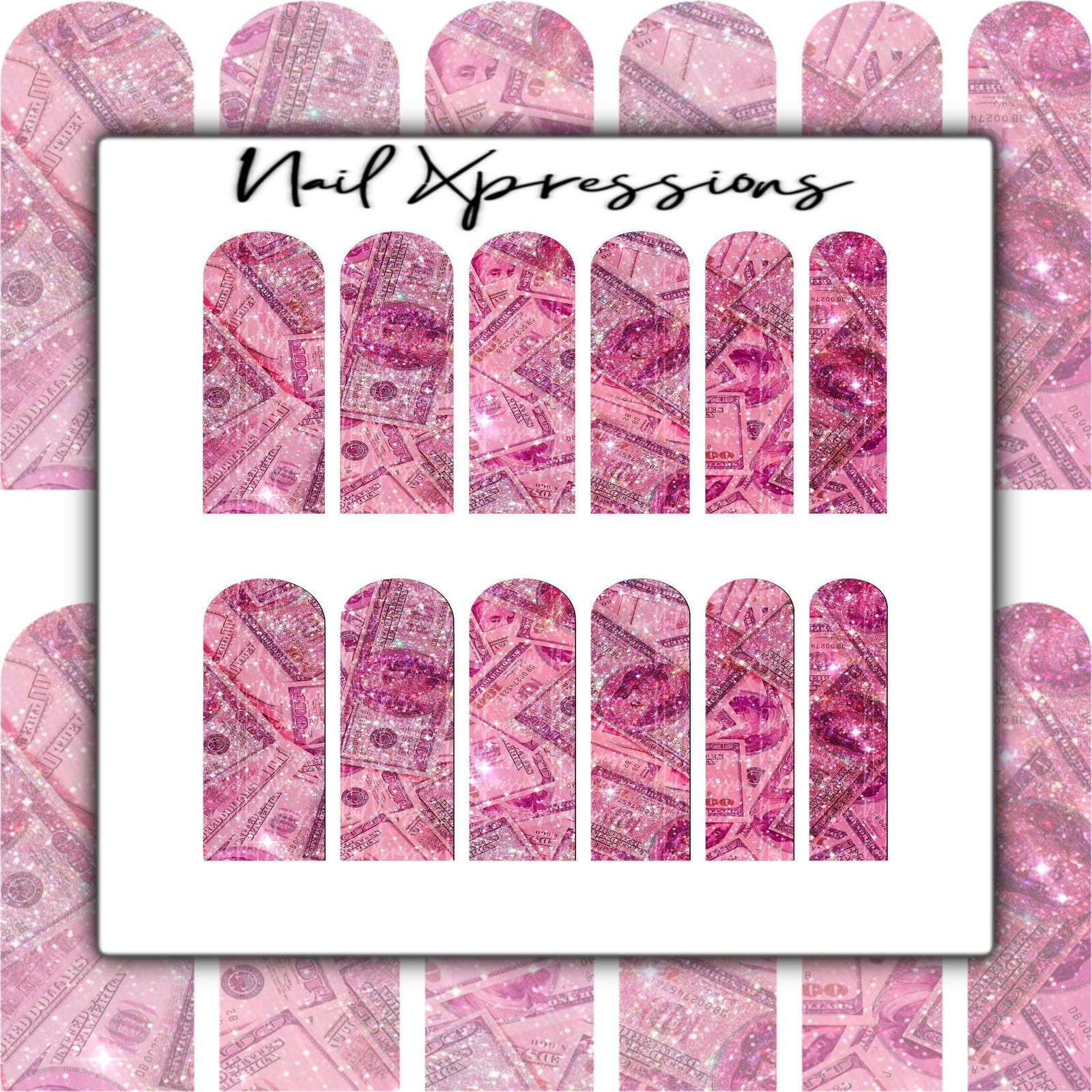 Pink Glitter Hundreds Nail Decals | Nail Art Water Transfer | Nail Wraps