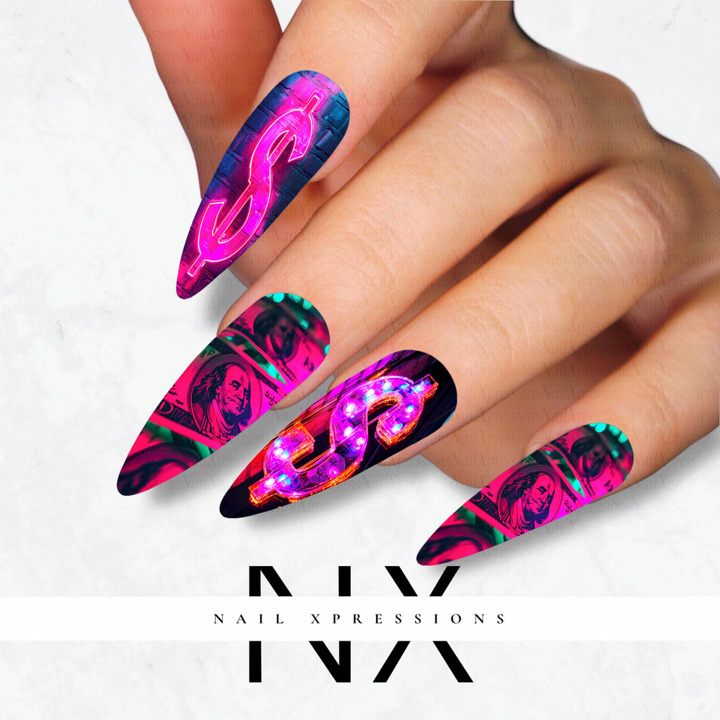 Pink Neon Money Nail Decals | Nail Art Water Transfer | Nail Wraps