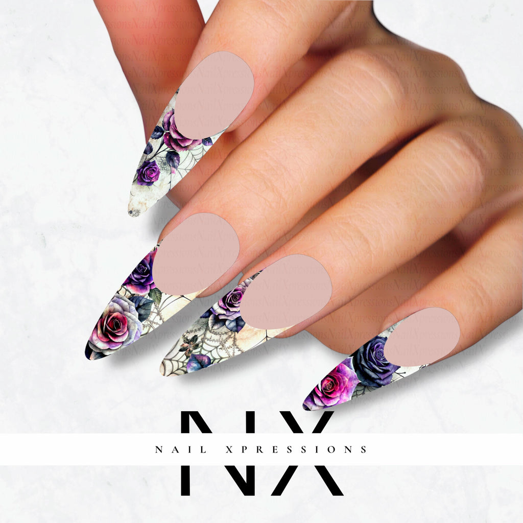 Web and Roses French Nail Decals | Nail Art Water Transfer | Nail Wraps
