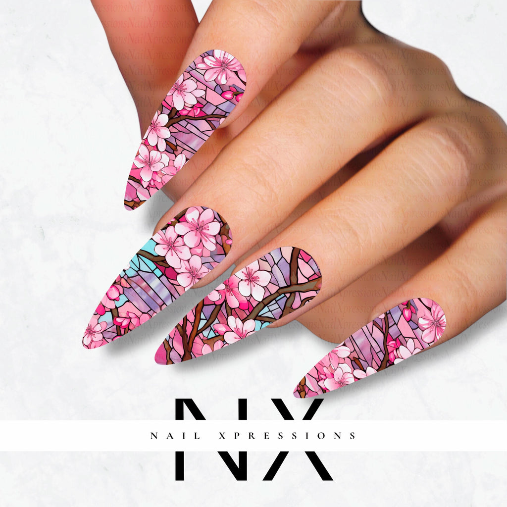 Stained Glass Cherry Blossom Nail Decals | Nail Art Water Transfer | Nail Wraps