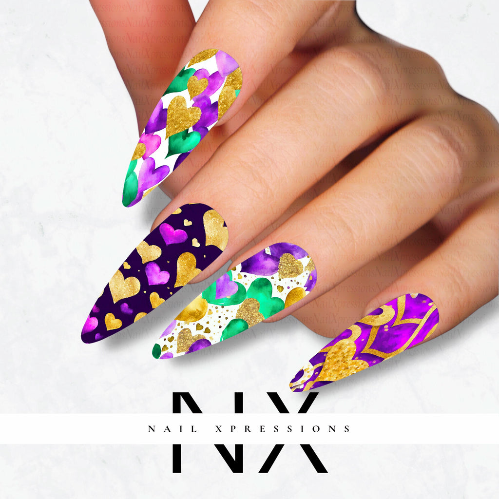 Mardi Gras Hearts Nail Decals | Nail Art Water Transfer | Nail Wraps