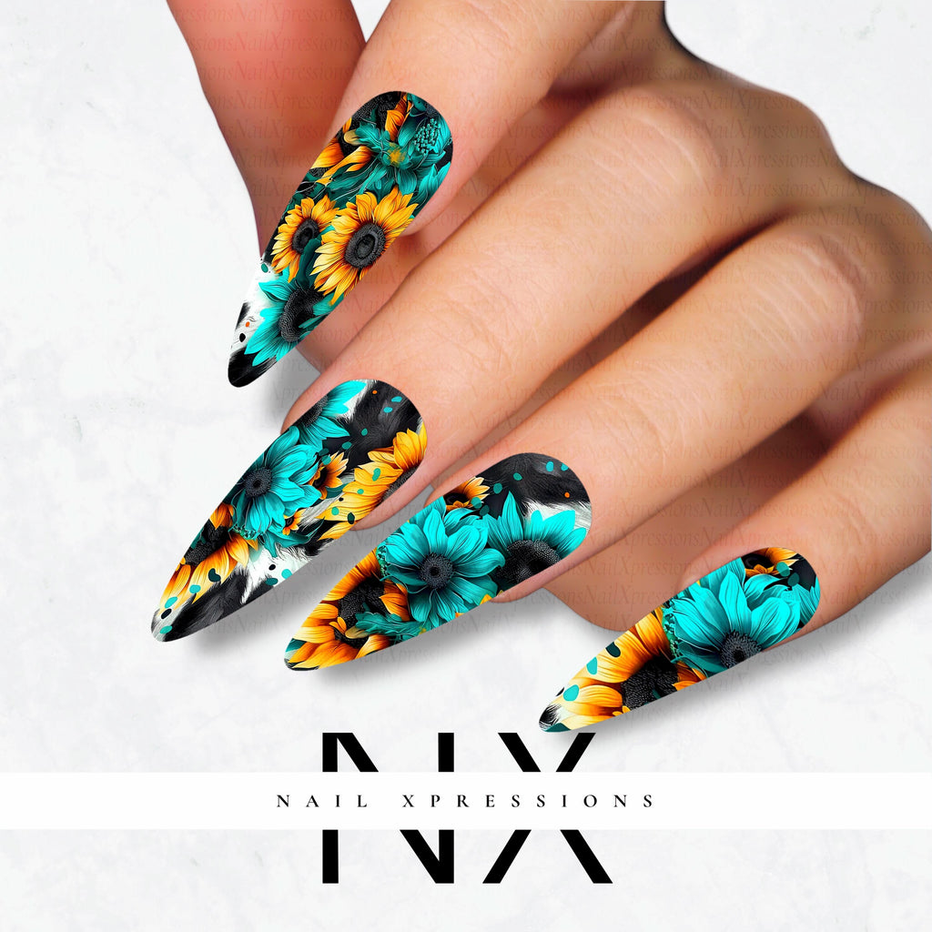 Turquoise Sunflower Nail Decals | Nail Art Water Transfer | Nail Wraps