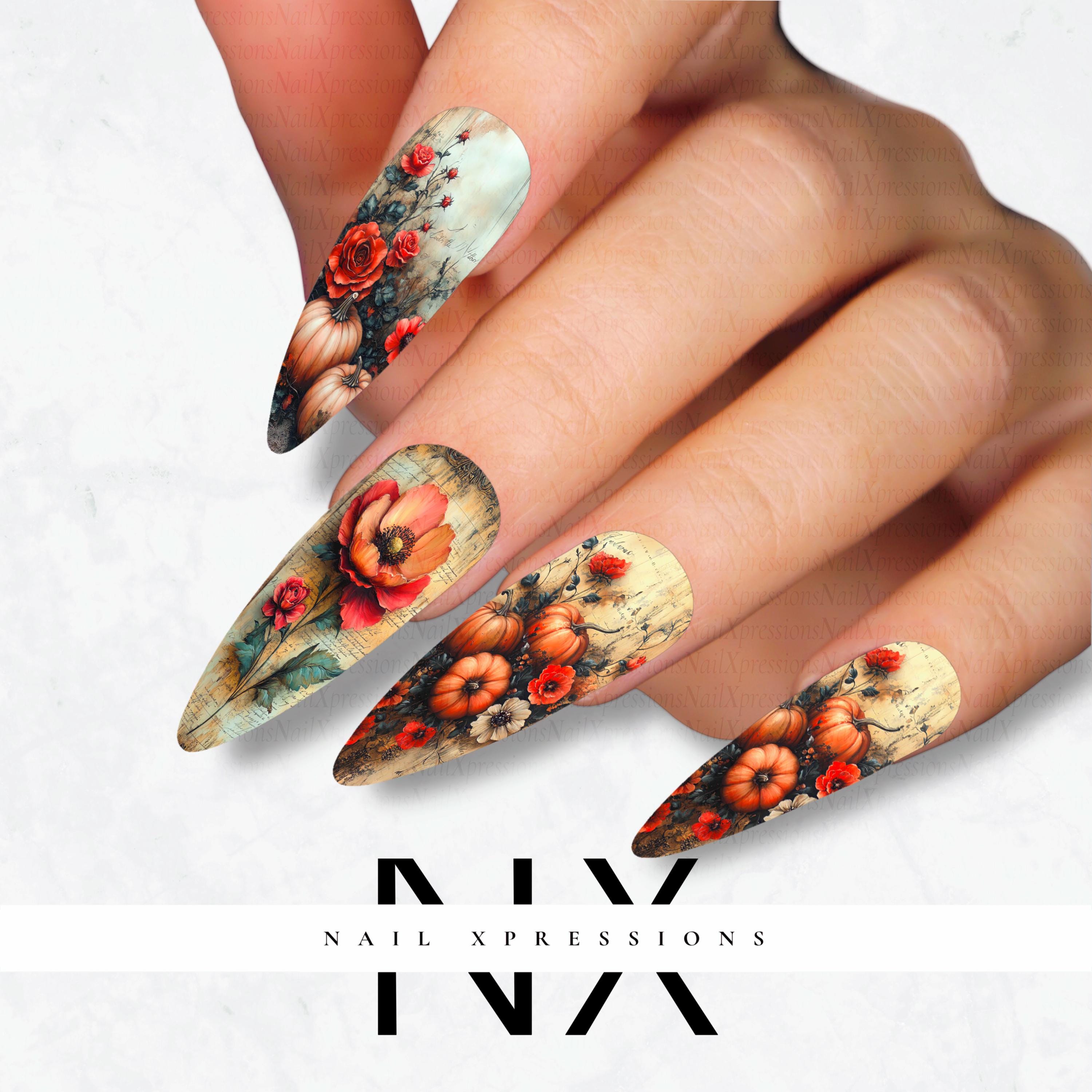 Rustic Fall Leaves and Flower Nail Decals | Nail Art Water Transfer | Nail Wraps