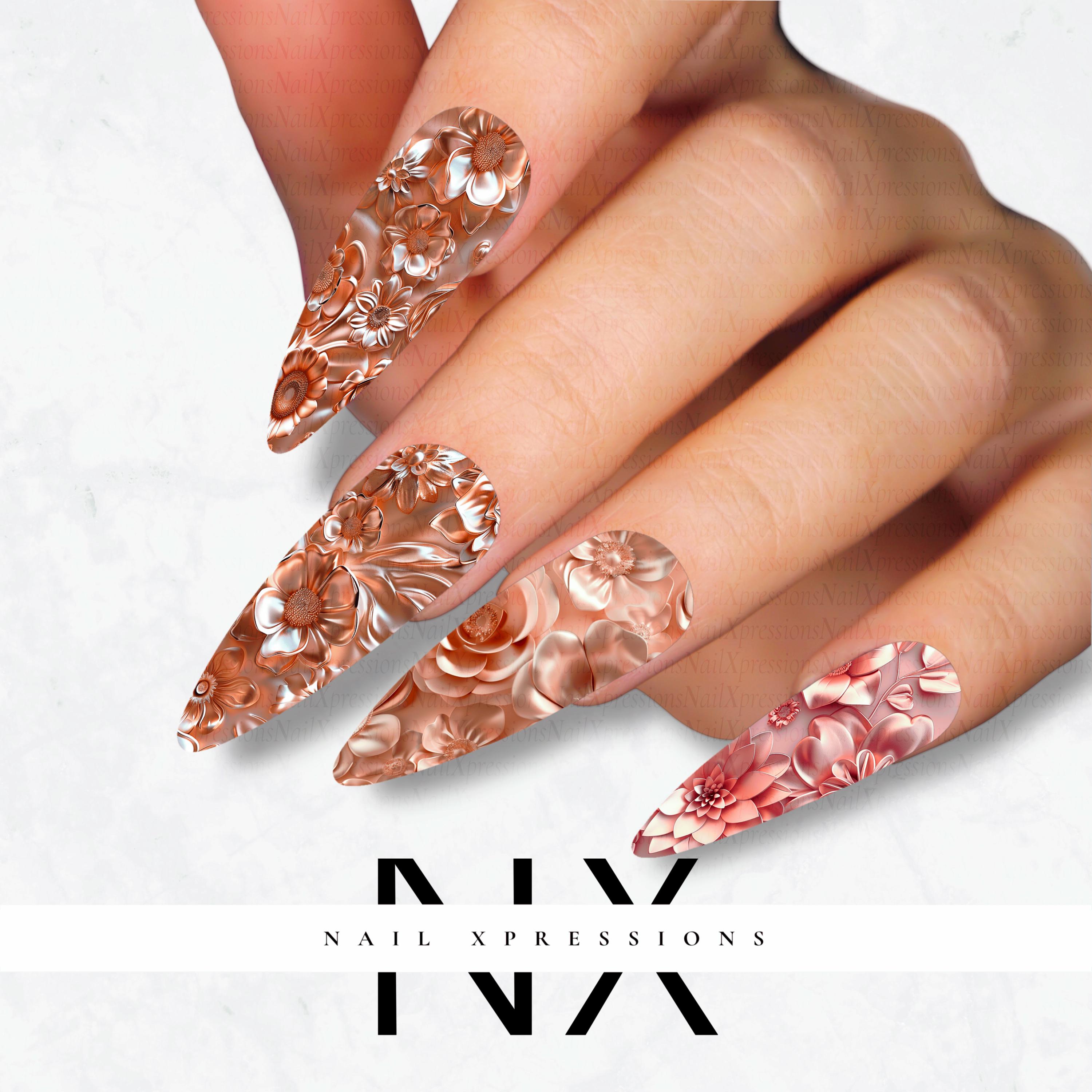 Rose Gold Flower Nail Decals | Nail Art Water Transfer | Nail Wraps