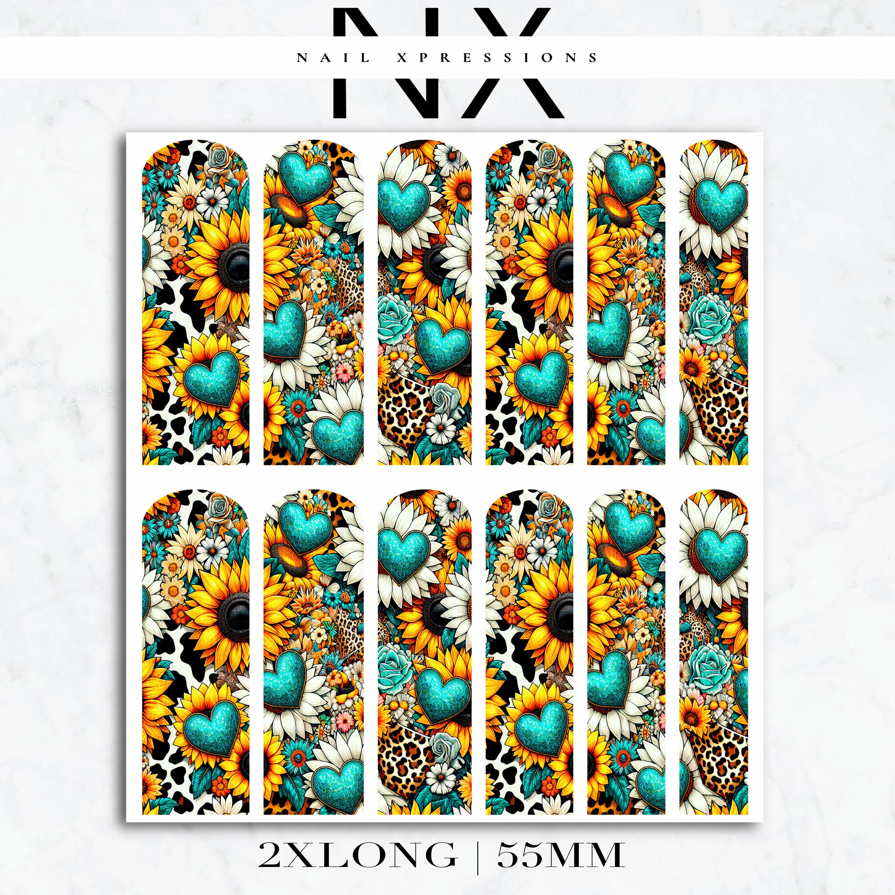 Turquoise Hearts and Sunflower Nail Decals | Nail Art Water Transfer | Nail Wraps