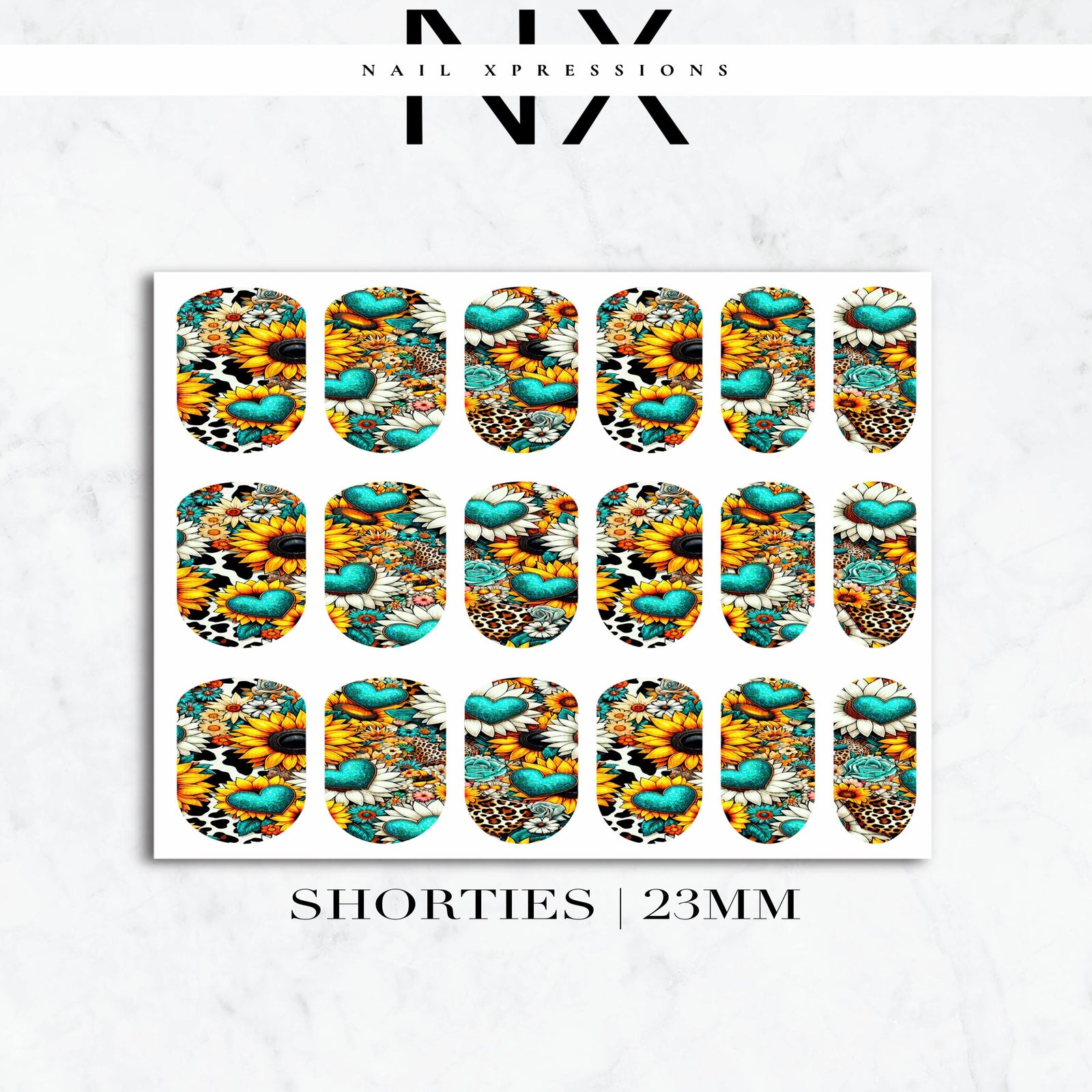 Turquoise Hearts and Sunflower Nail Decals | Nail Art Water Transfer | Nail Wraps