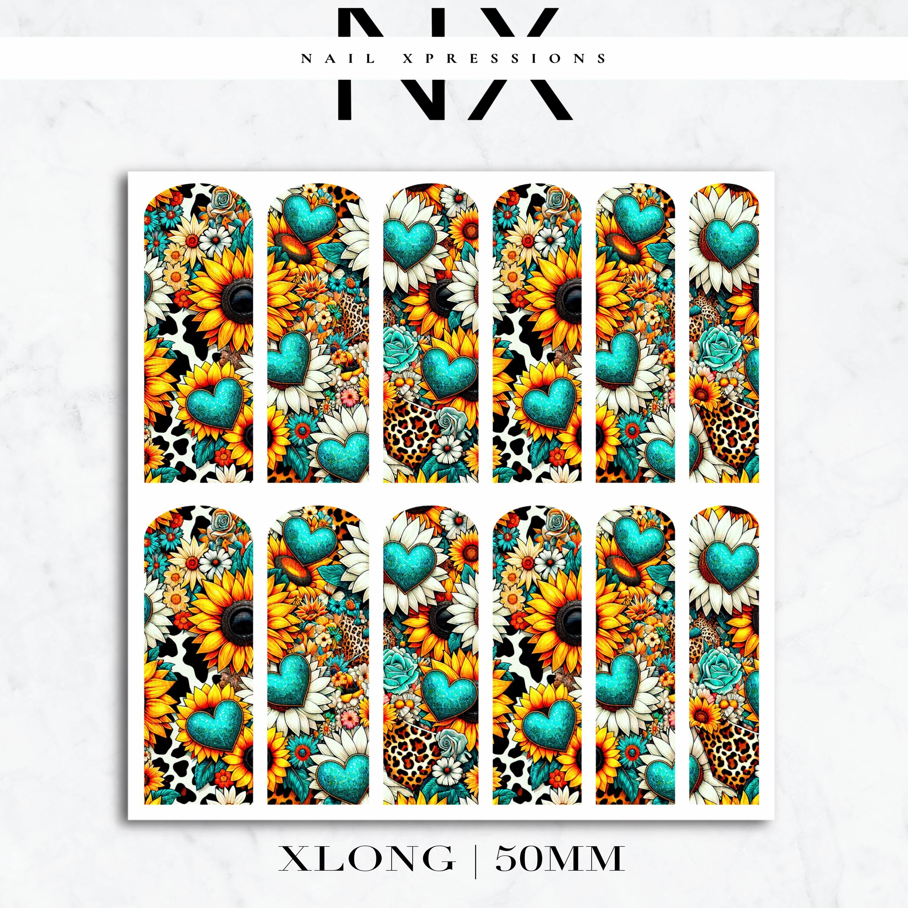 Turquoise Hearts and Sunflower Nail Decals | Nail Art Water Transfer | Nail Wraps