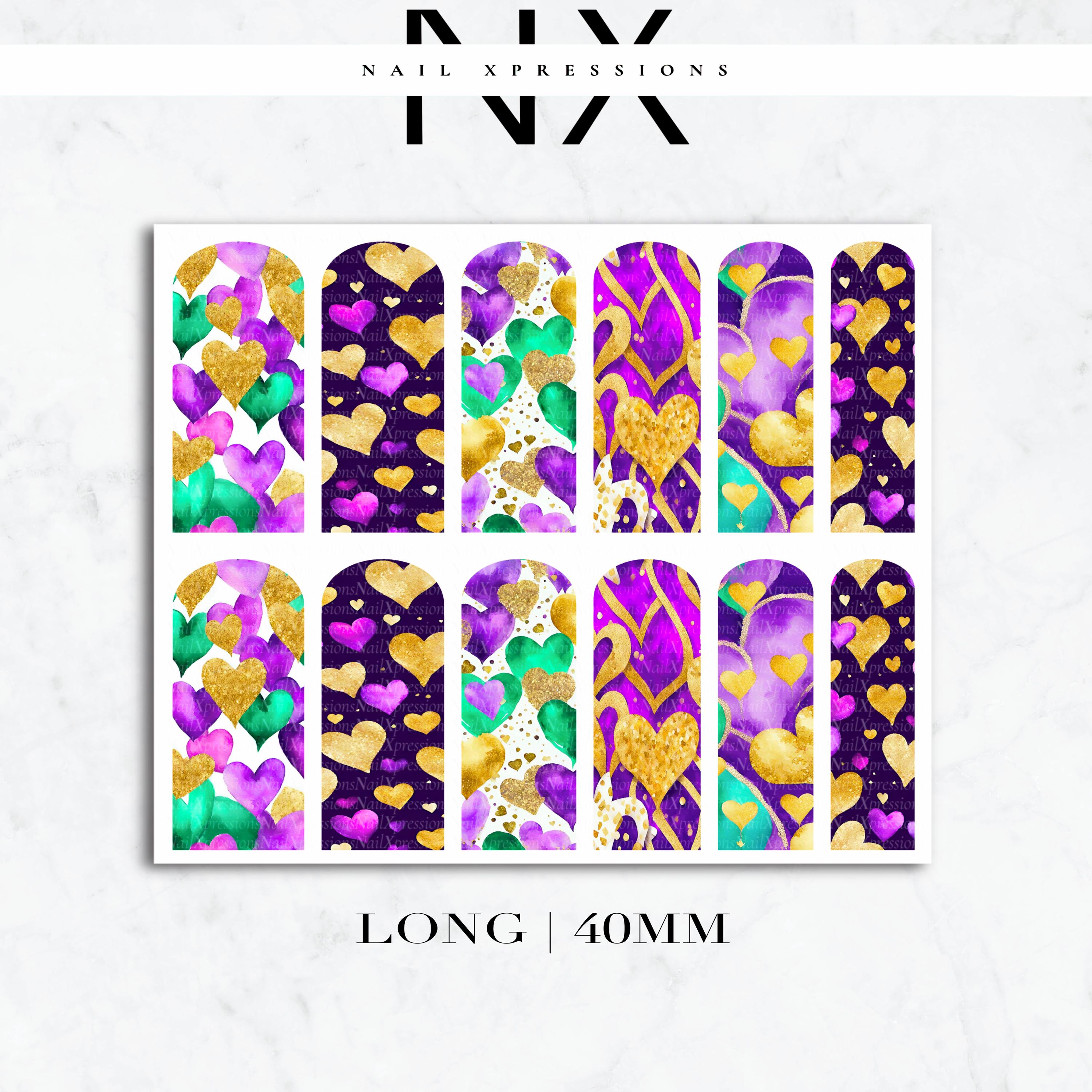 Mardi Gras Hearts Nail Decals | Nail Art Water Transfer | Nail Wraps