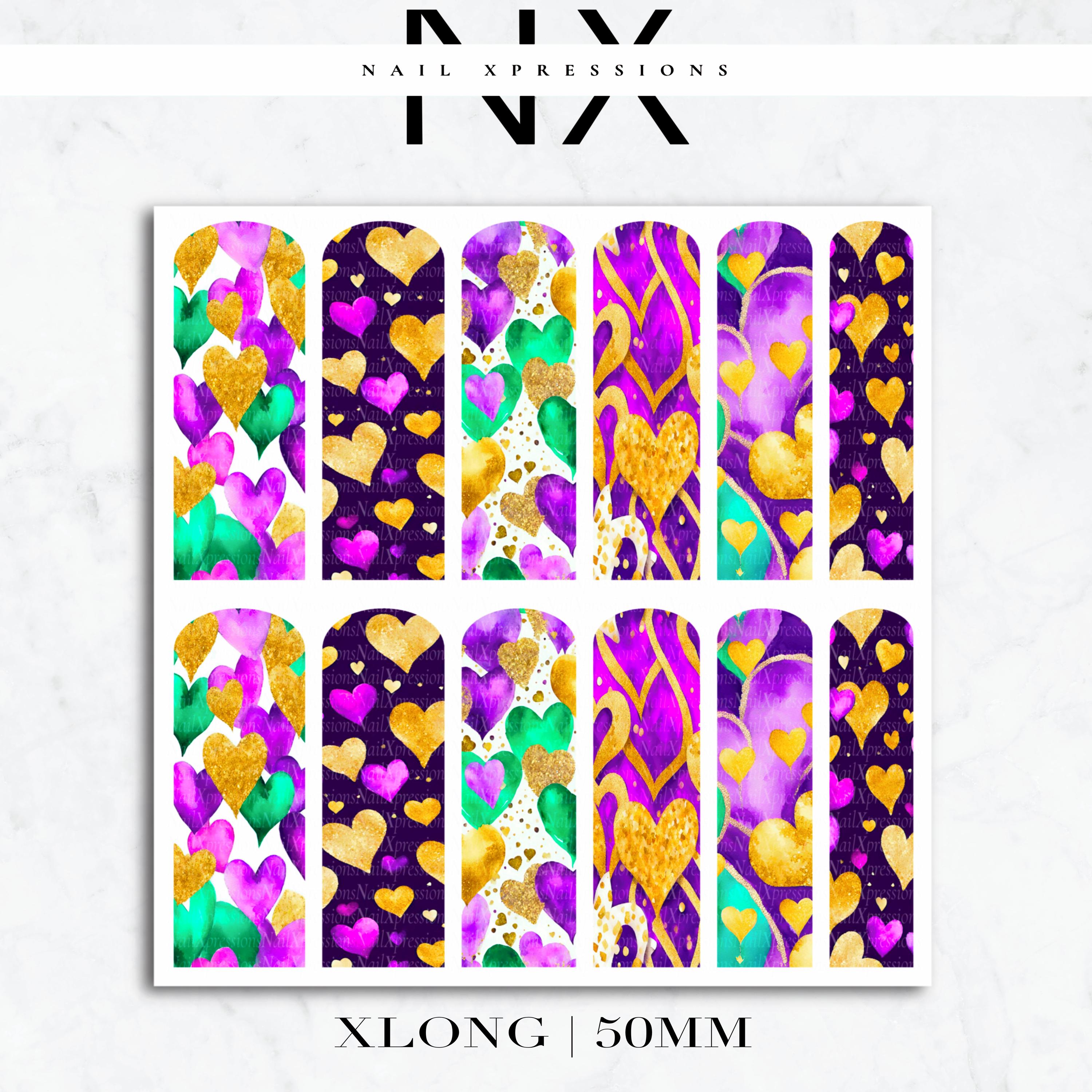 Mardi Gras Hearts Nail Decals | Nail Art Water Transfer | Nail Wraps