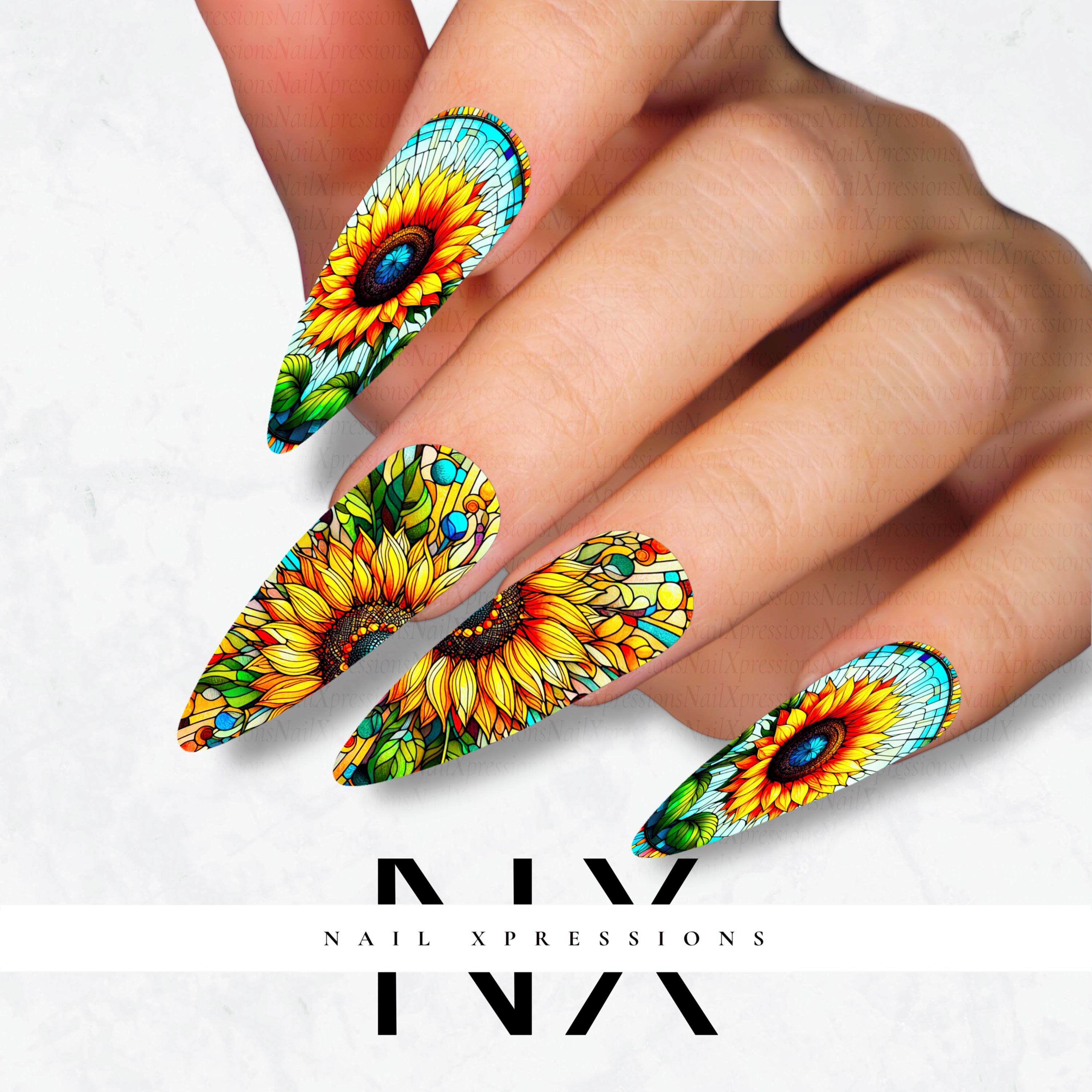 Stained Glass Sunflower Nail Decals | Nail Art Water Transfer | Nail Wraps