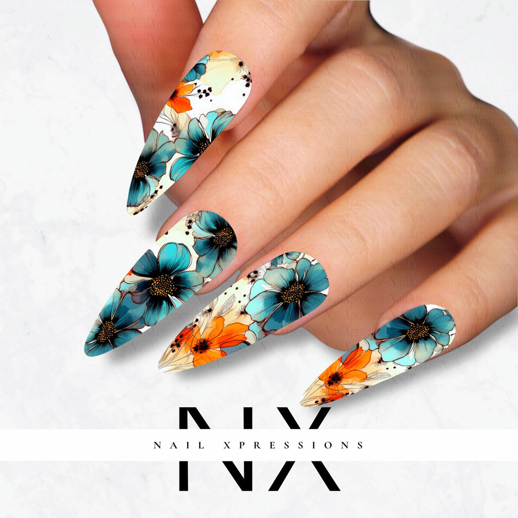 Blue Watercolor Flower Nail Decals | Nail Art Water Transfer | Nail Wraps