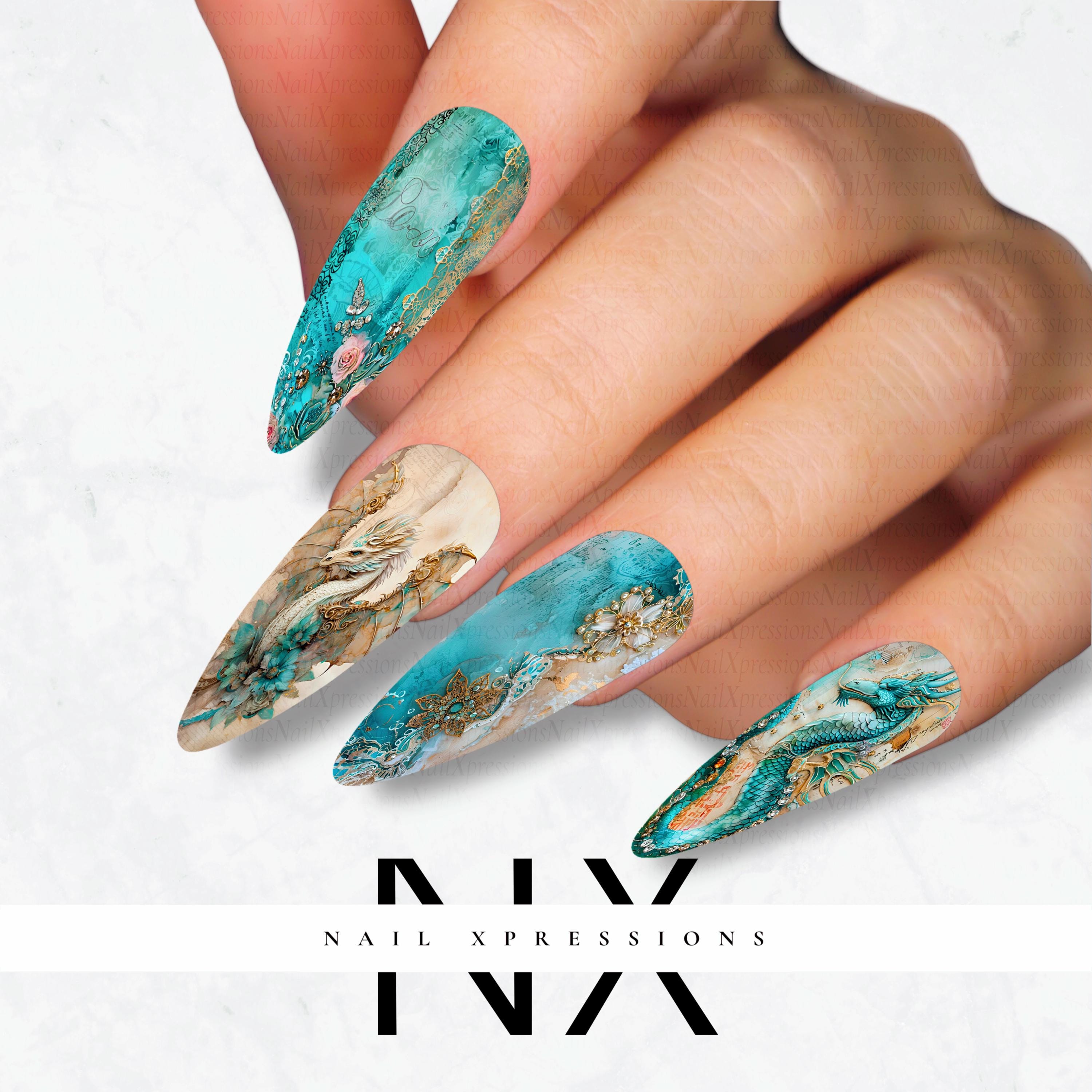 Vintage Victorian Dragon Nail Decals | Nail Art Water Transfer | Nail Wraps