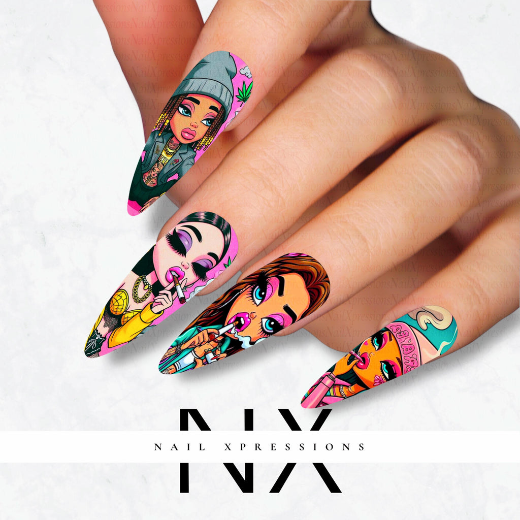 Cartoon Smoking Girls Nail Decals | Nail Art Water Transfer | Nail Wraps