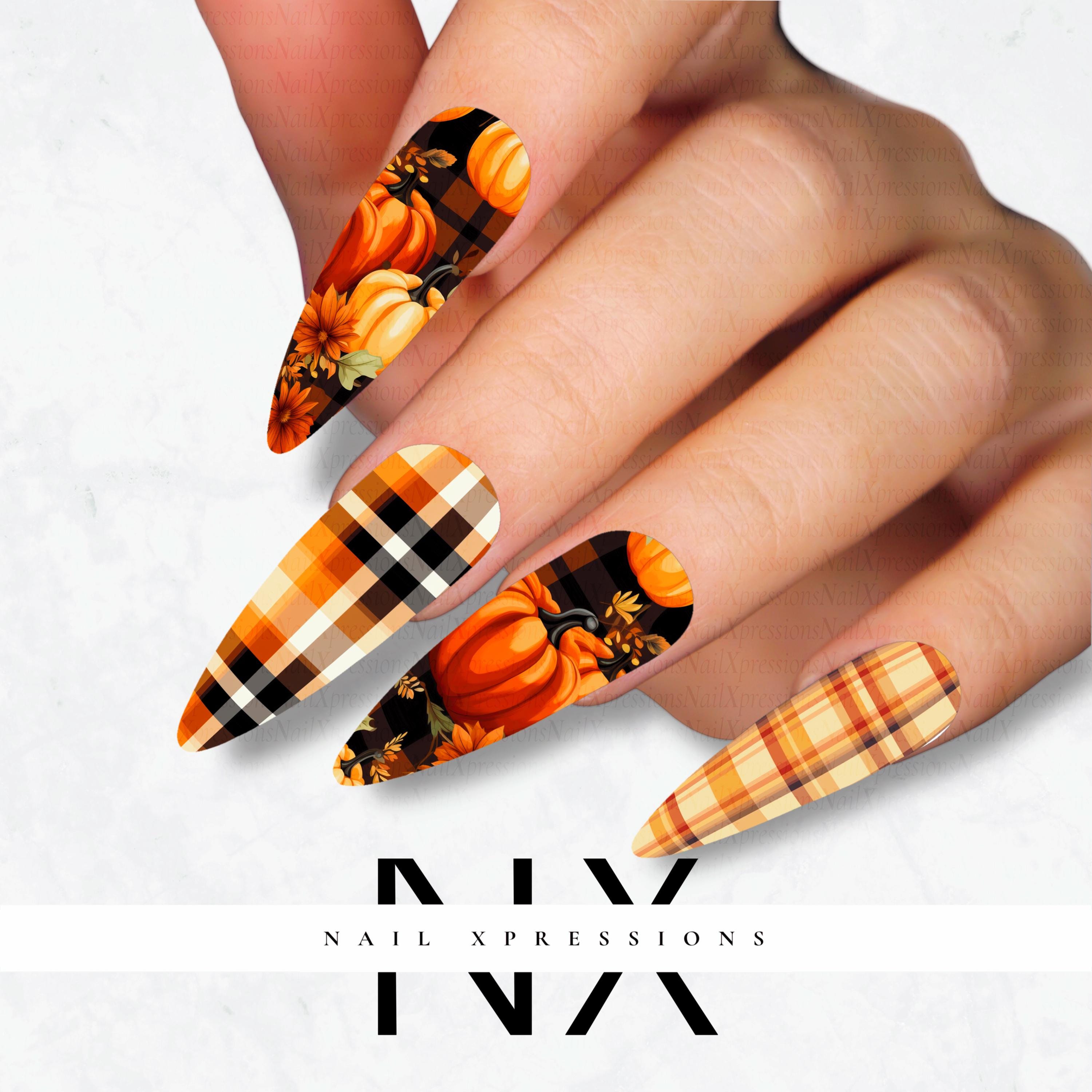 Pumpkin and Plaid Fall Nail Decals | Nail Art Water Transfer | Nail Wraps