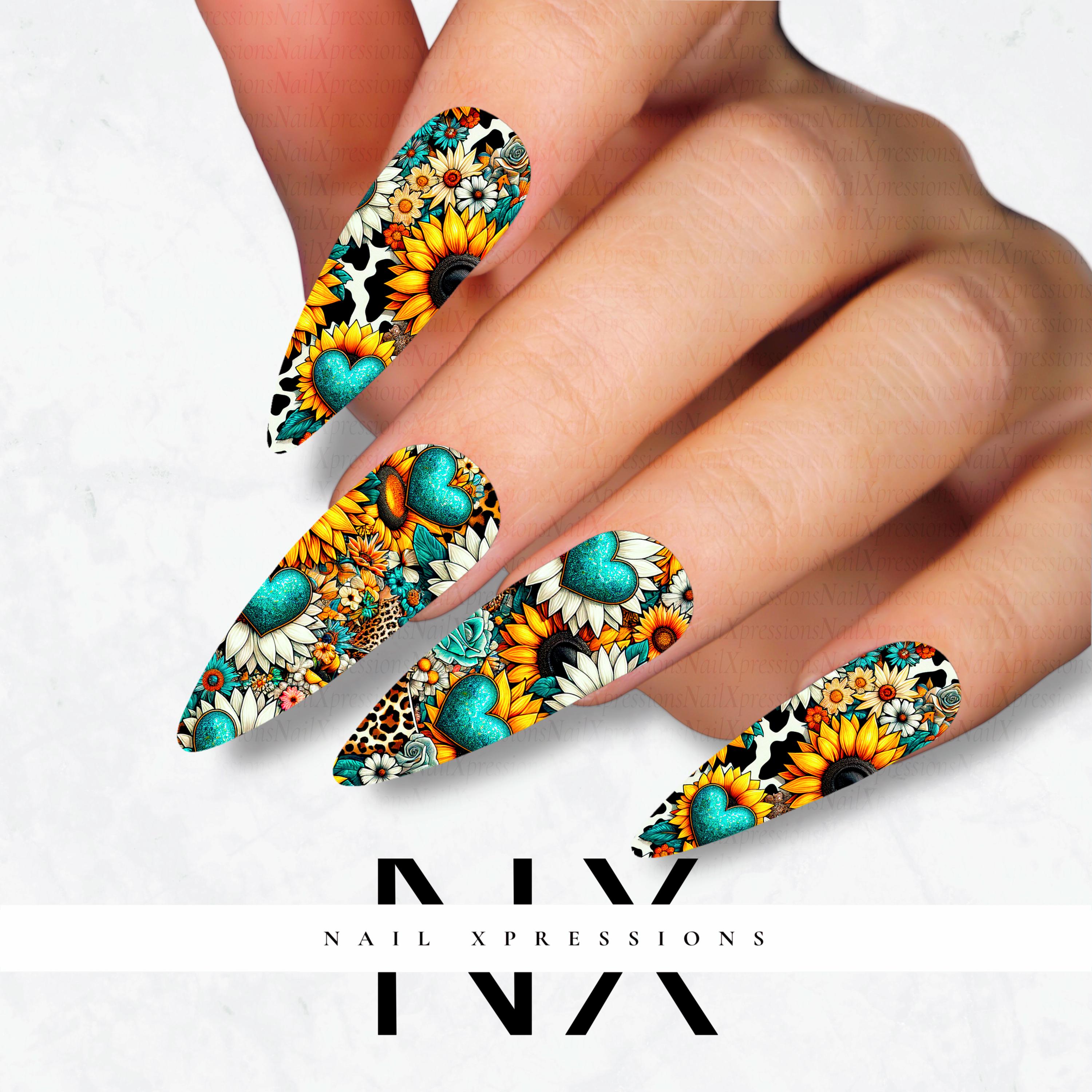 Turquoise Hearts and Sunflower Nail Decals | Nail Art Water Transfer | Nail Wraps