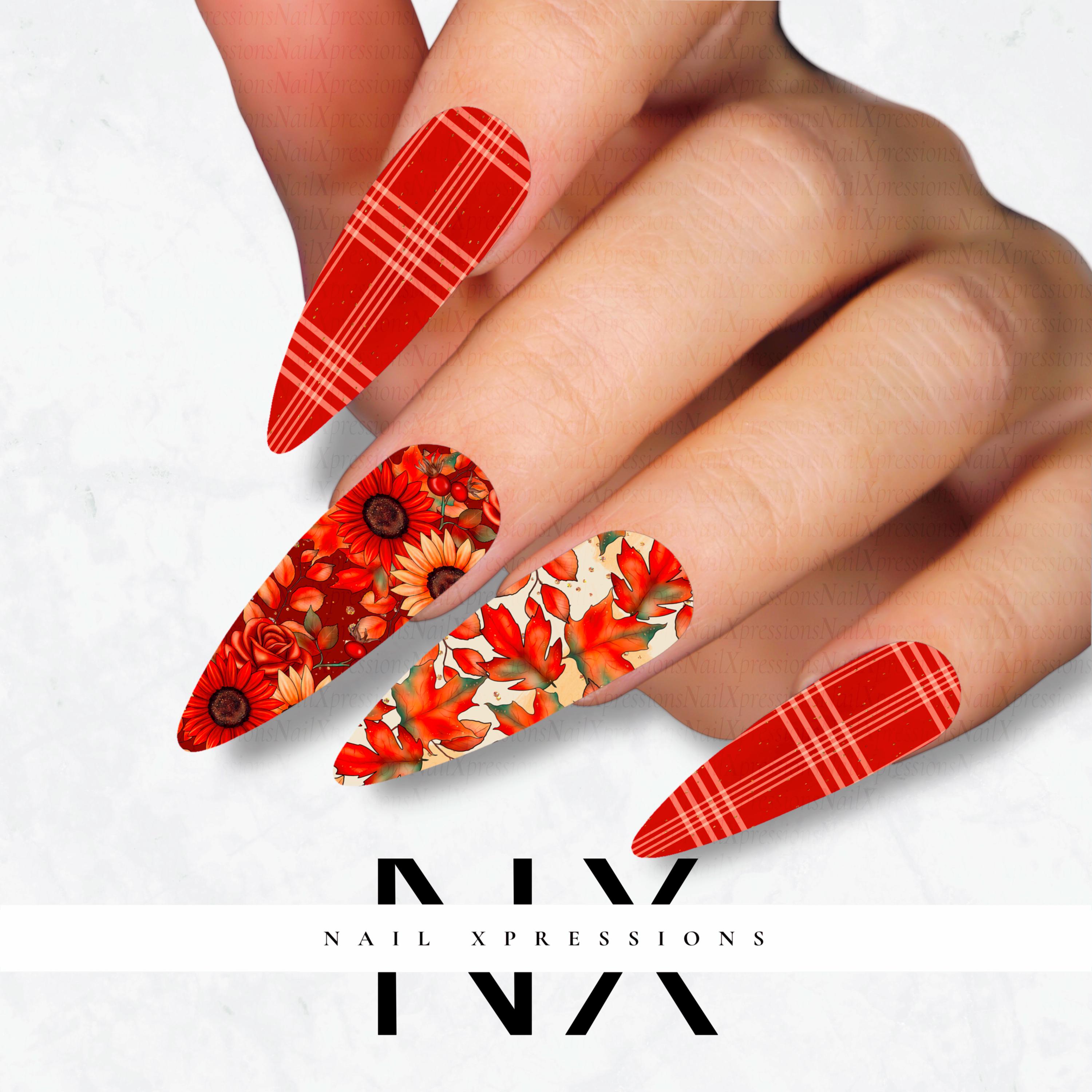 Plaid Fall Leaves and Flower Nail Decals | Nail Art Water Transfer | Nail Wraps