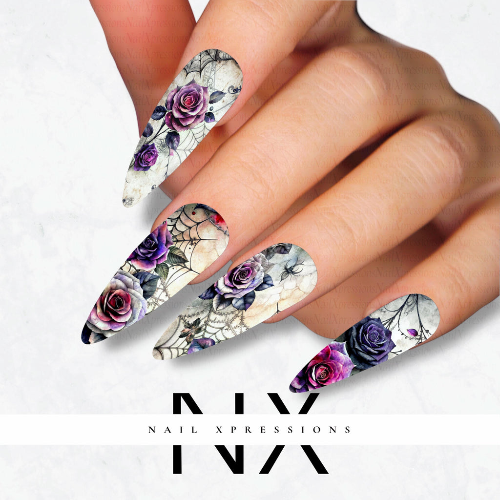 Dark Roses and Spider Web Decals | Nail Art Water Transfer | Nail Wraps