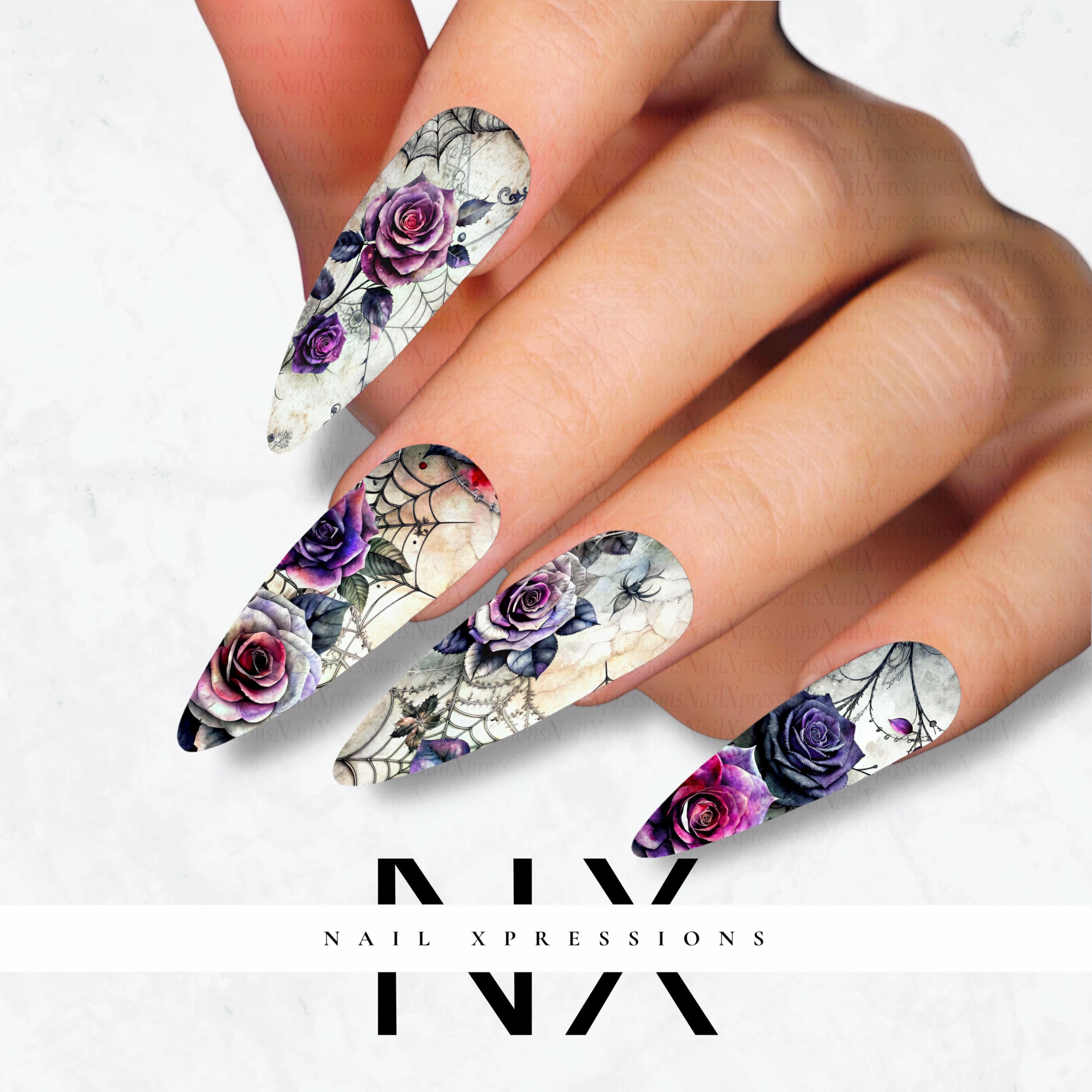 Dark Roses and Spider Web Decals | Nail Art Water Transfer | Nail Wraps
