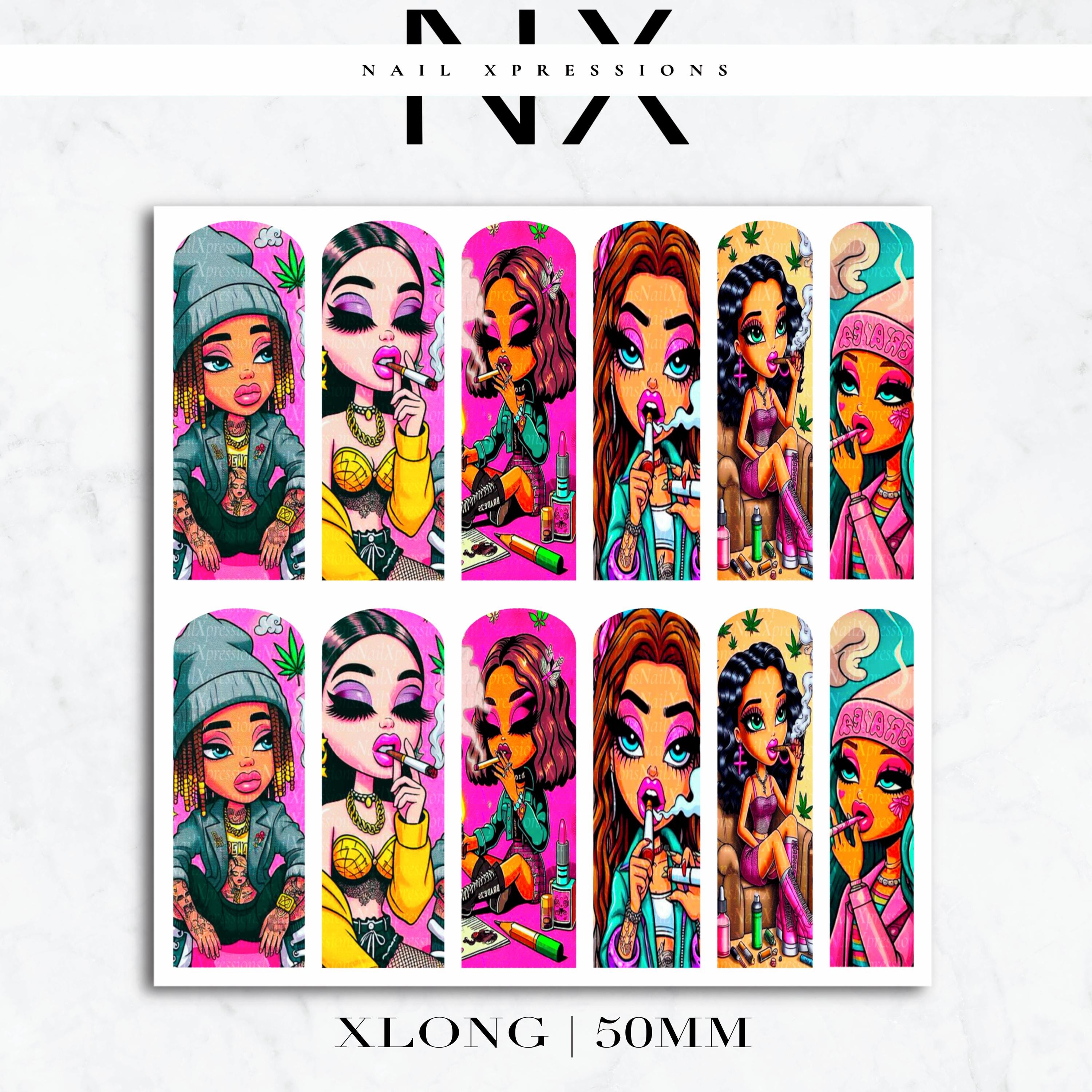 Cartoon Smoking Girls Nail Decals | Nail Art Water Transfer | Nail Wraps