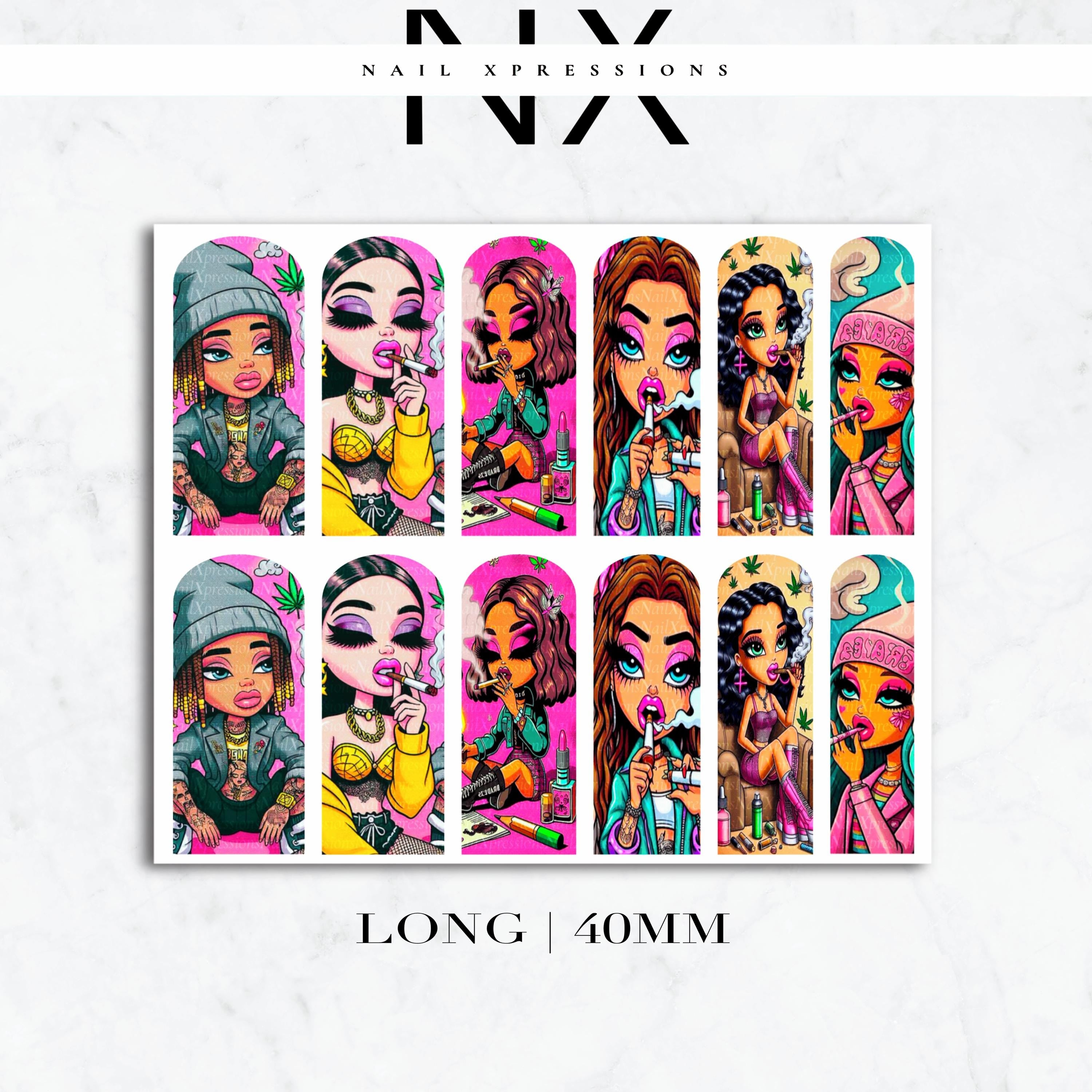 Cartoon Smoking Girls Nail Decals | Nail Art Water Transfer | Nail Wraps