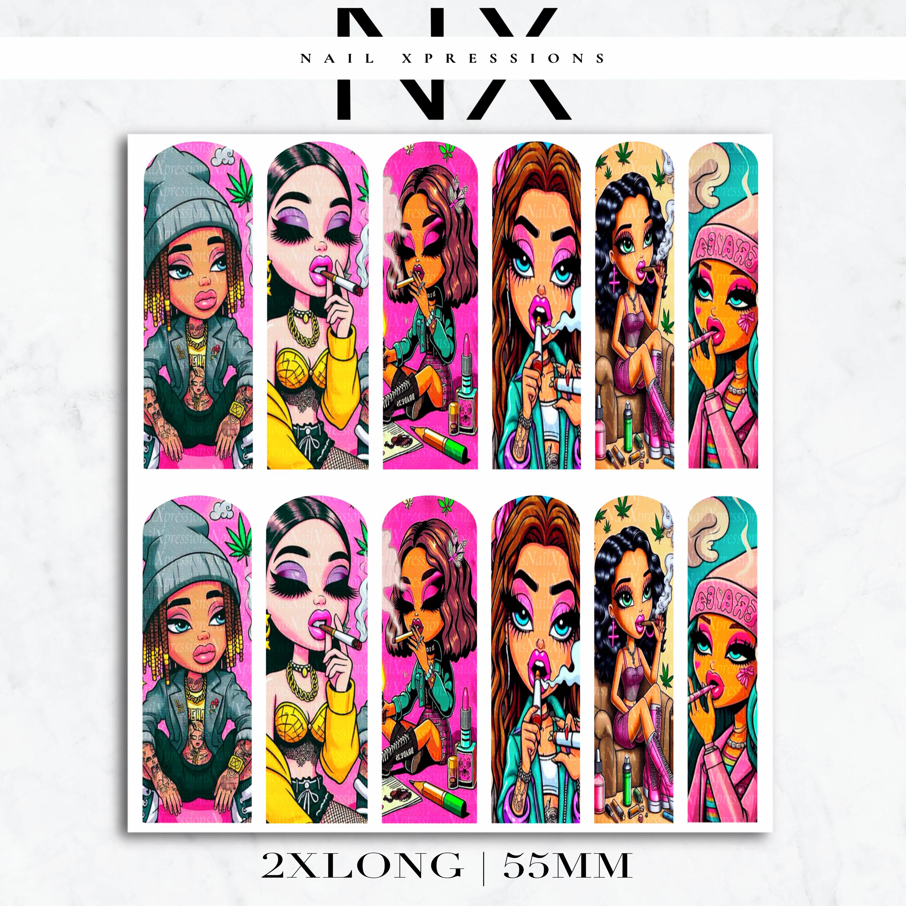 Cartoon Smoking Girls Nail Decals | Nail Art Water Transfer | Nail Wraps