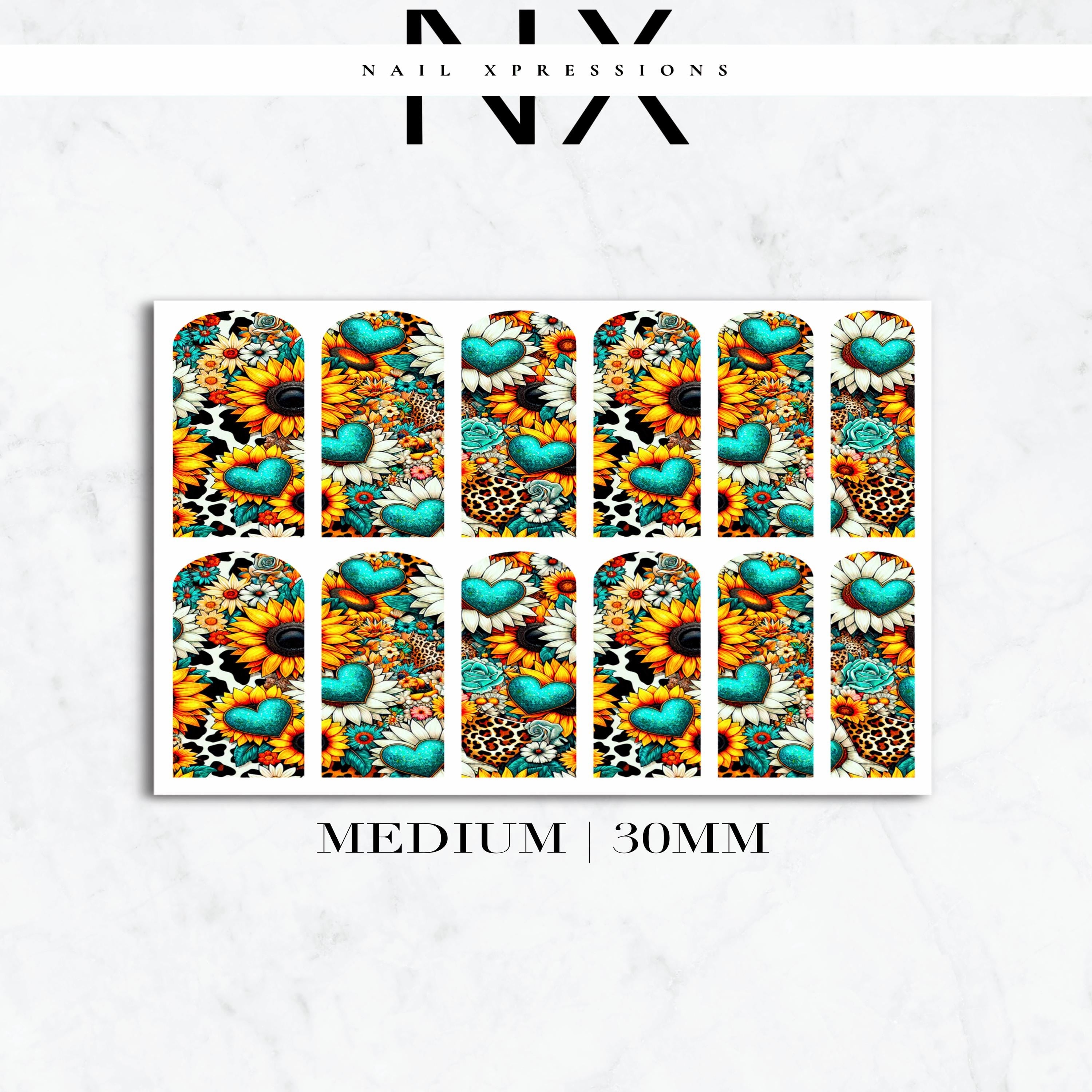 Turquoise Hearts and Sunflower Nail Decals | Nail Art Water Transfer | Nail Wraps