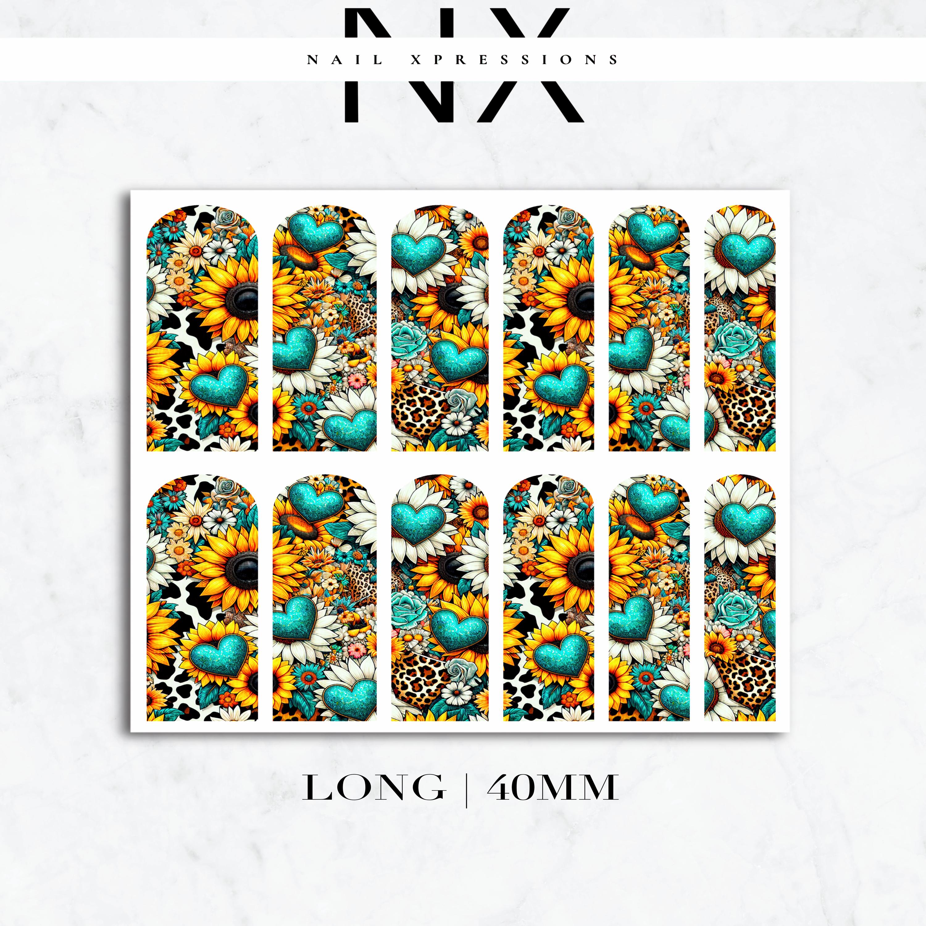 Turquoise Hearts and Sunflower Nail Decals | Nail Art Water Transfer | Nail Wraps