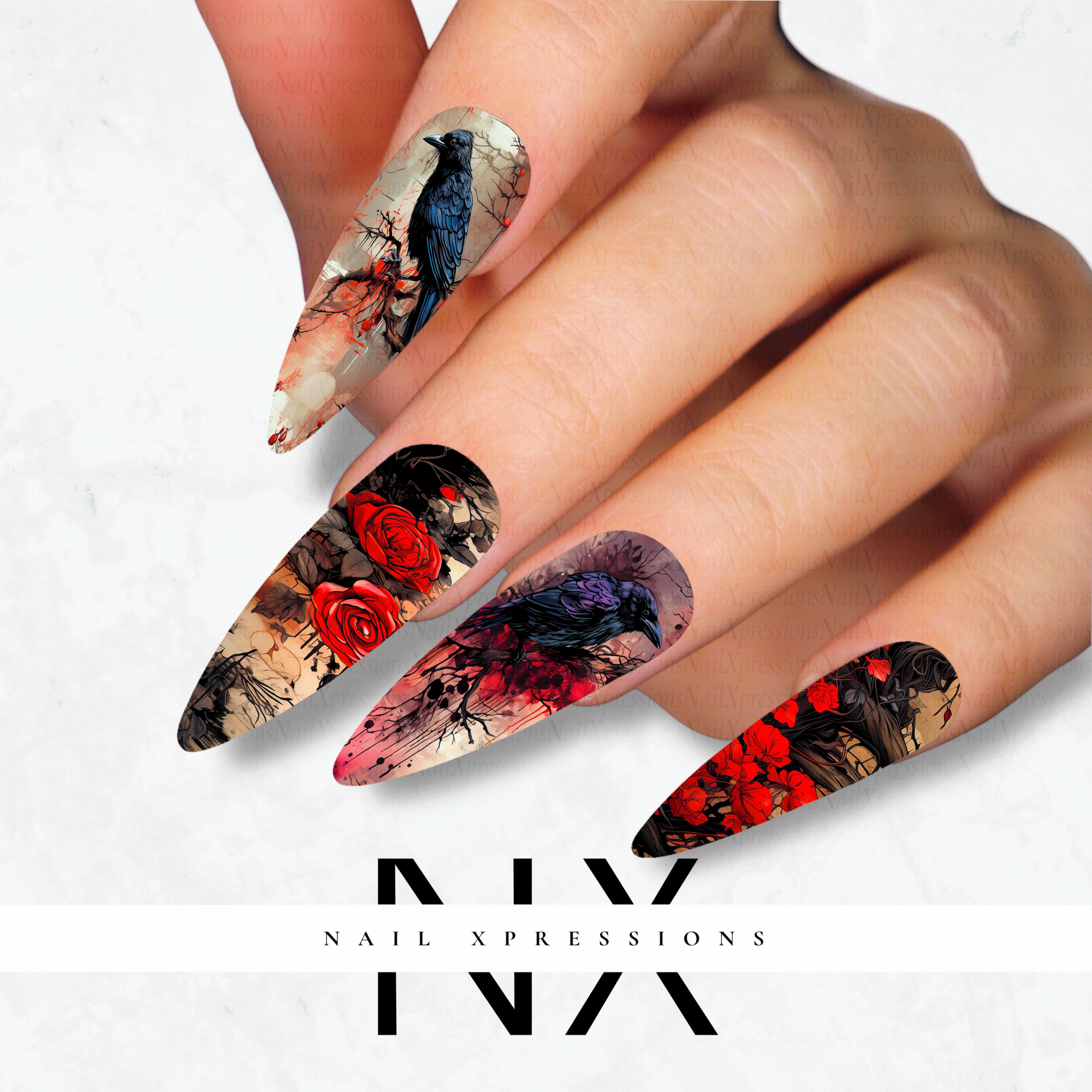 Raven and Roses Nail Decals | Nail Art Water Transfer | Nail Wraps