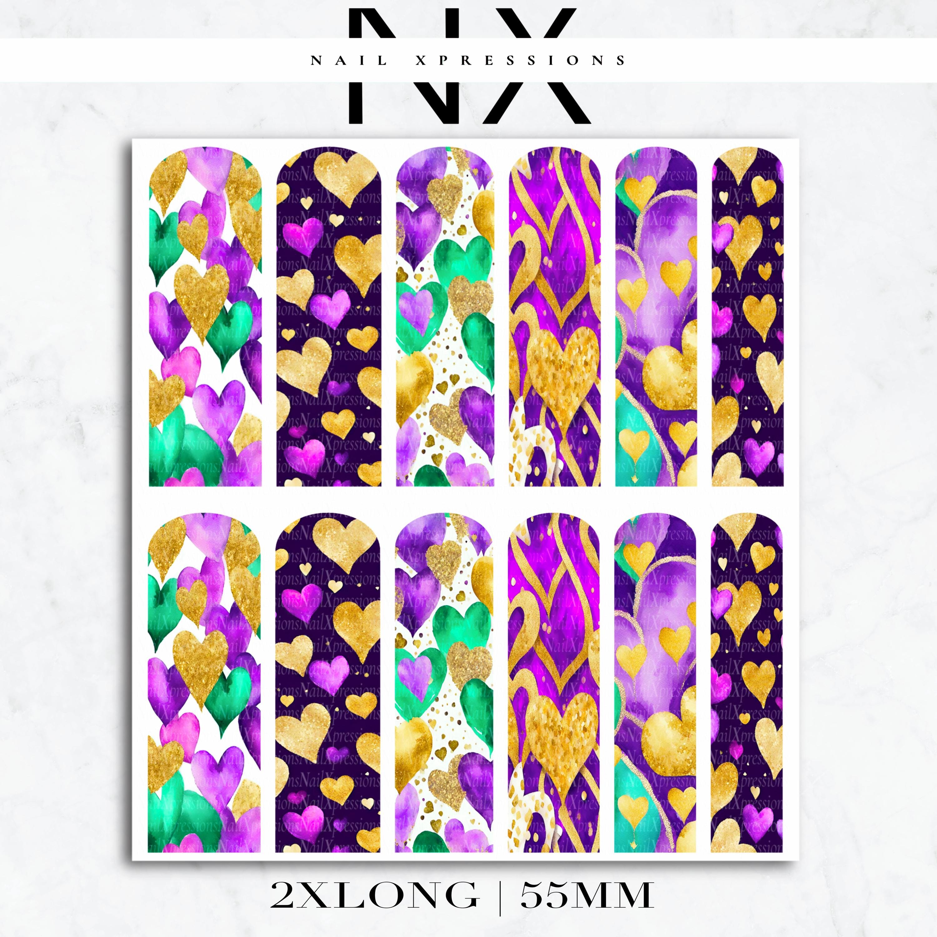 Mardi Gras Hearts Nail Decals | Nail Art Water Transfer | Nail Wraps