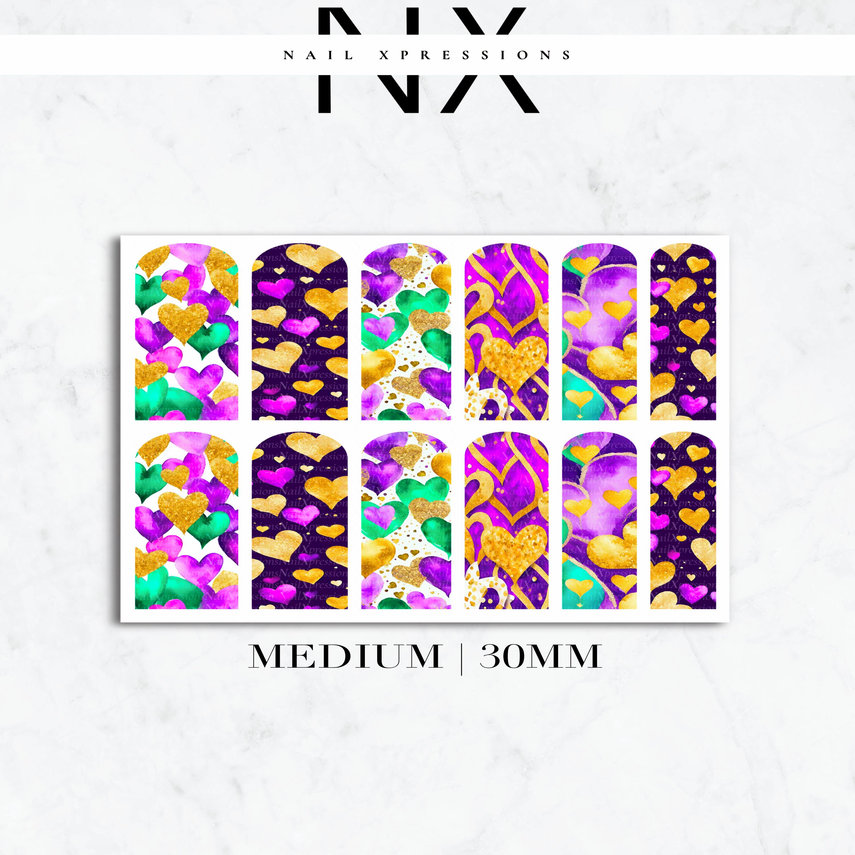 Mardi Gras Hearts Nail Decals | Nail Art Water Transfer | Nail Wraps