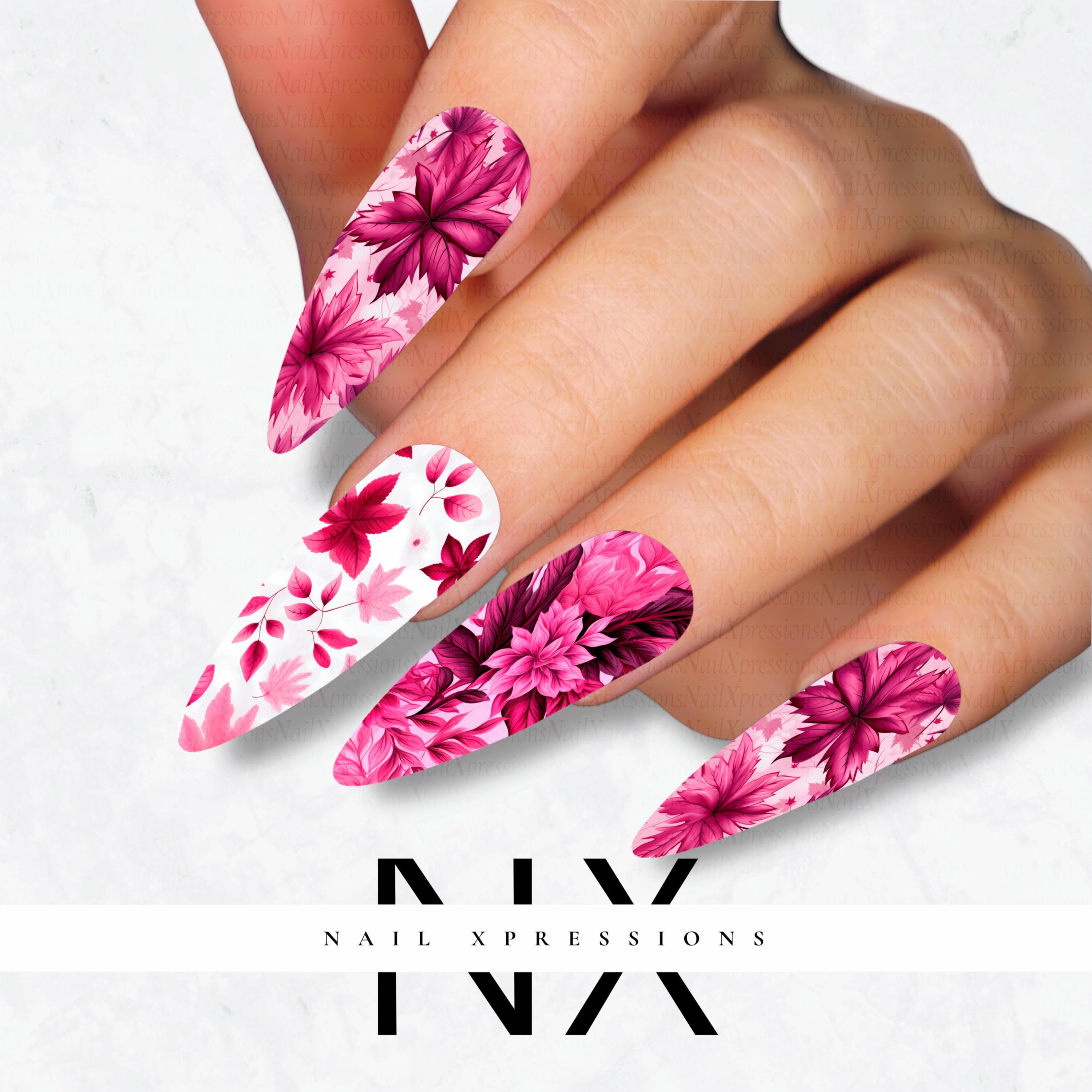 Pink Fall, Poinsettias & Autumn Leave Nail Decals | Nail Art Water Transfer | Nail Wraps