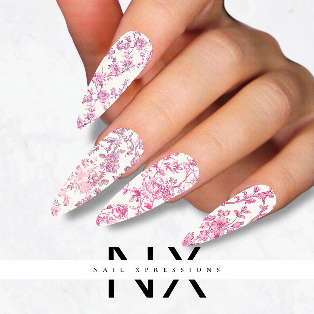 Pink Toile De Jouy Nail Decals | Nail Art Water Transfer | Nail Wraps