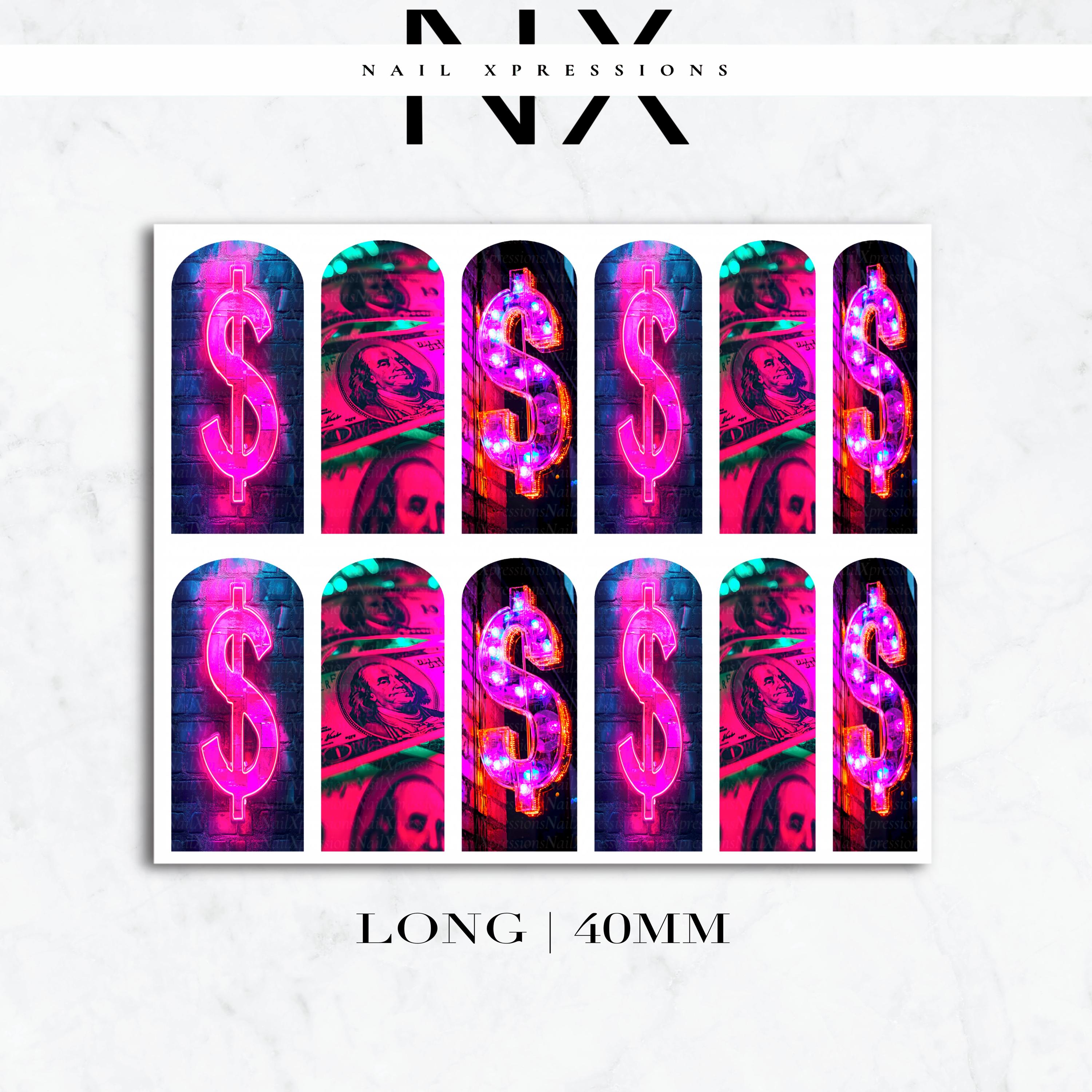 Pink Neon Money Nail Decals | Nail Art Water Transfer | Nail Wraps